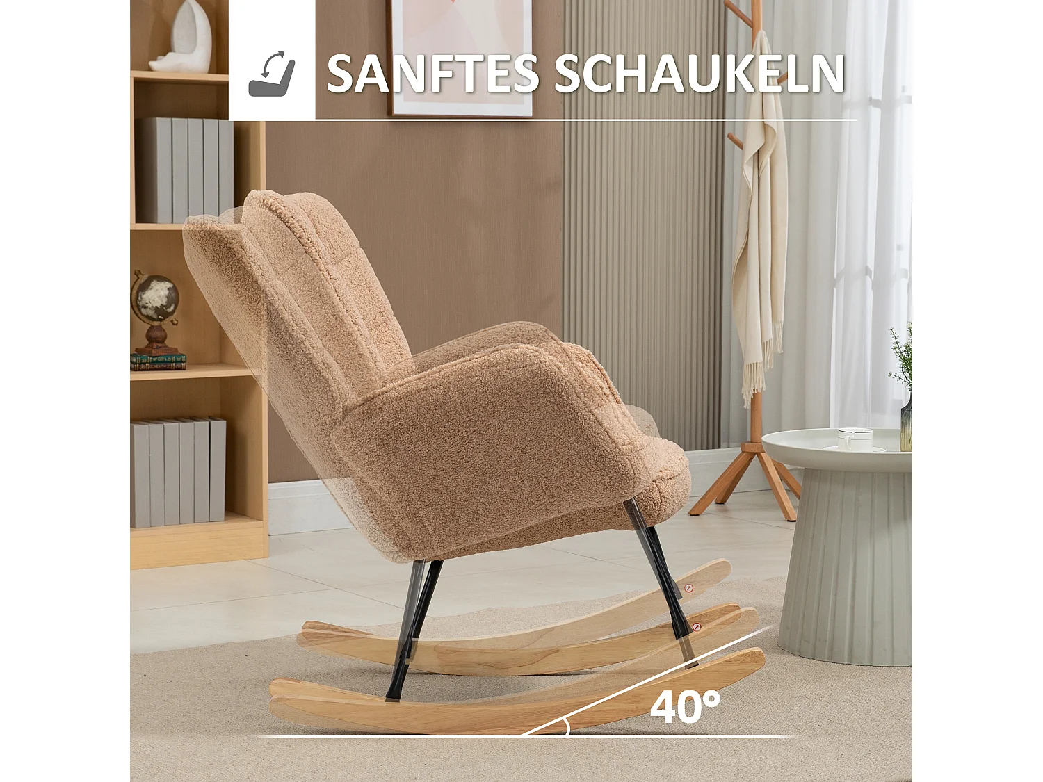 Fauteuil à bascule en imitation peau de mouton, cadre acier et bois, brun (71x98x101 cm)