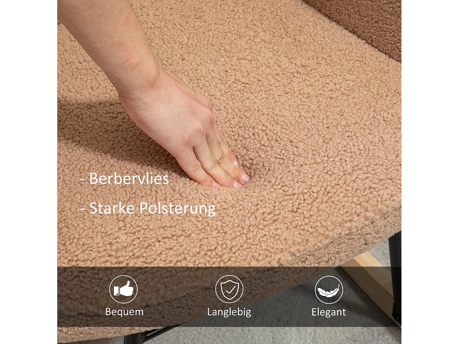 Fauteuil à bascule en imitation peau de mouton, cadre acier et bois, brun (71x98x101 cm)