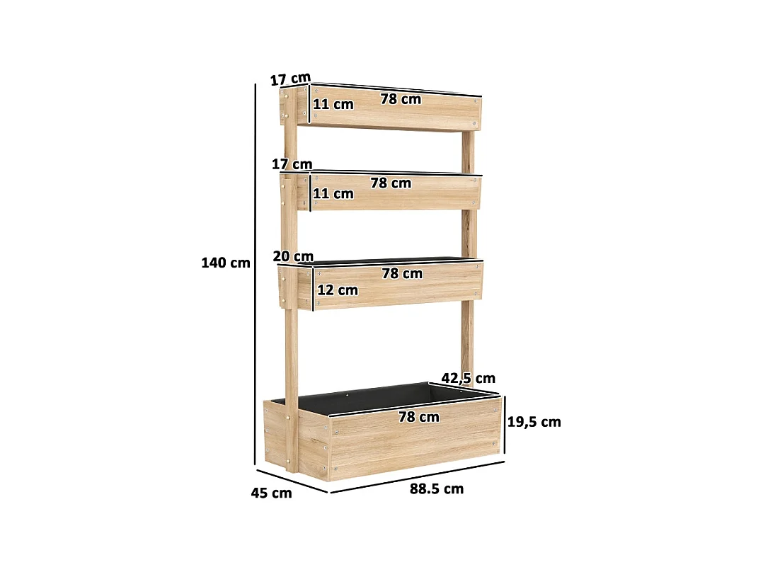 Jardin surélevé en bois, 4 niveaux, avec trous de drainage, bac à légumes pour jardin, balcon, bois naturel (88.5x45x140 cm)