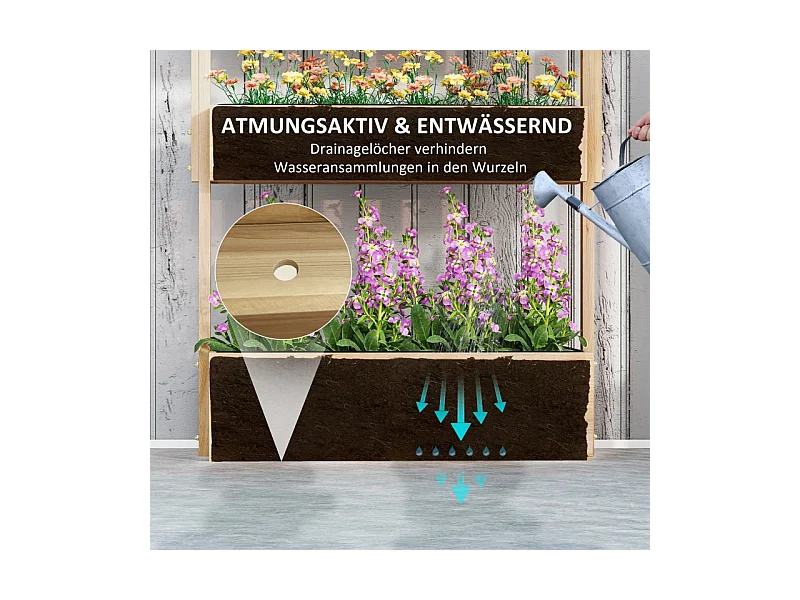 Jardin surélevé en bois, 4 niveaux, avec trous de drainage, bac à légumes pour jardin, balcon, bois naturel (88.5x45x140 cm)