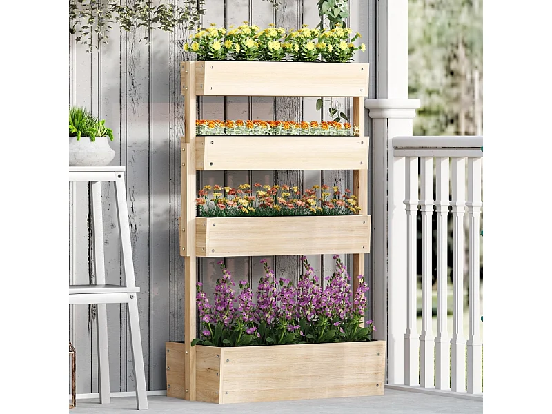 Jardin surélevé en bois, 4 niveaux, avec trous de drainage, bac à légumes pour jardin, balcon, bois naturel (88.5x45x140 cm)