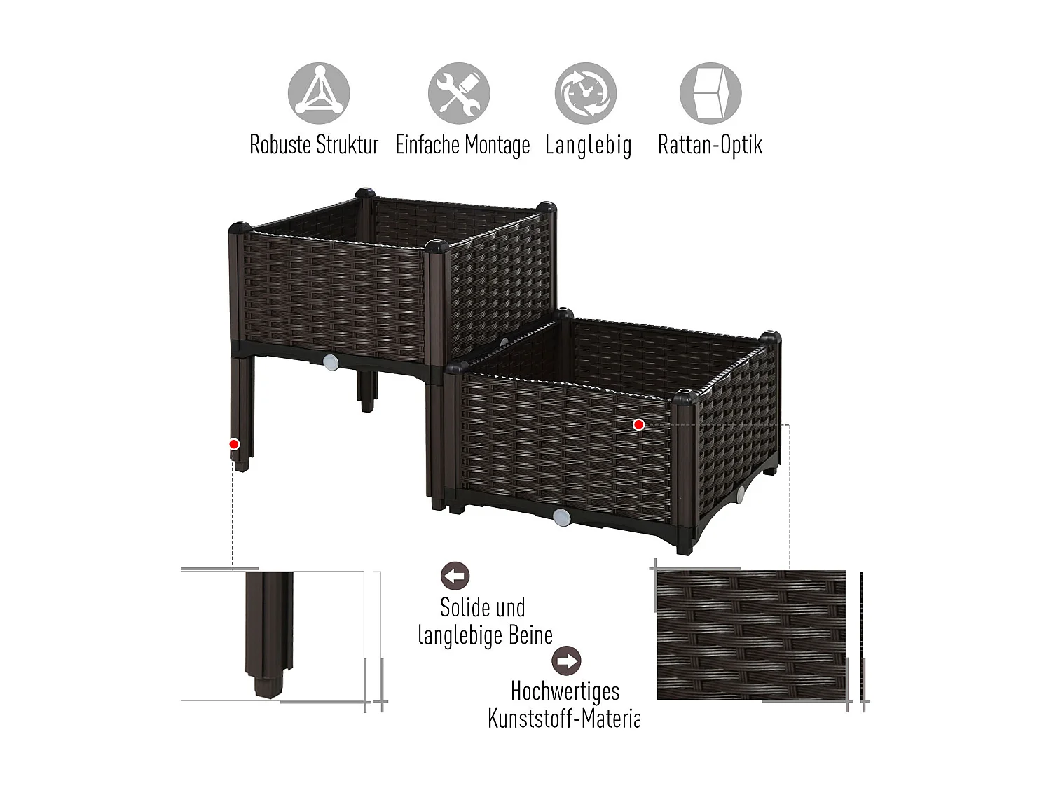 Bac potager double effet rotin, polypropylène, marron (80x40x44cm)