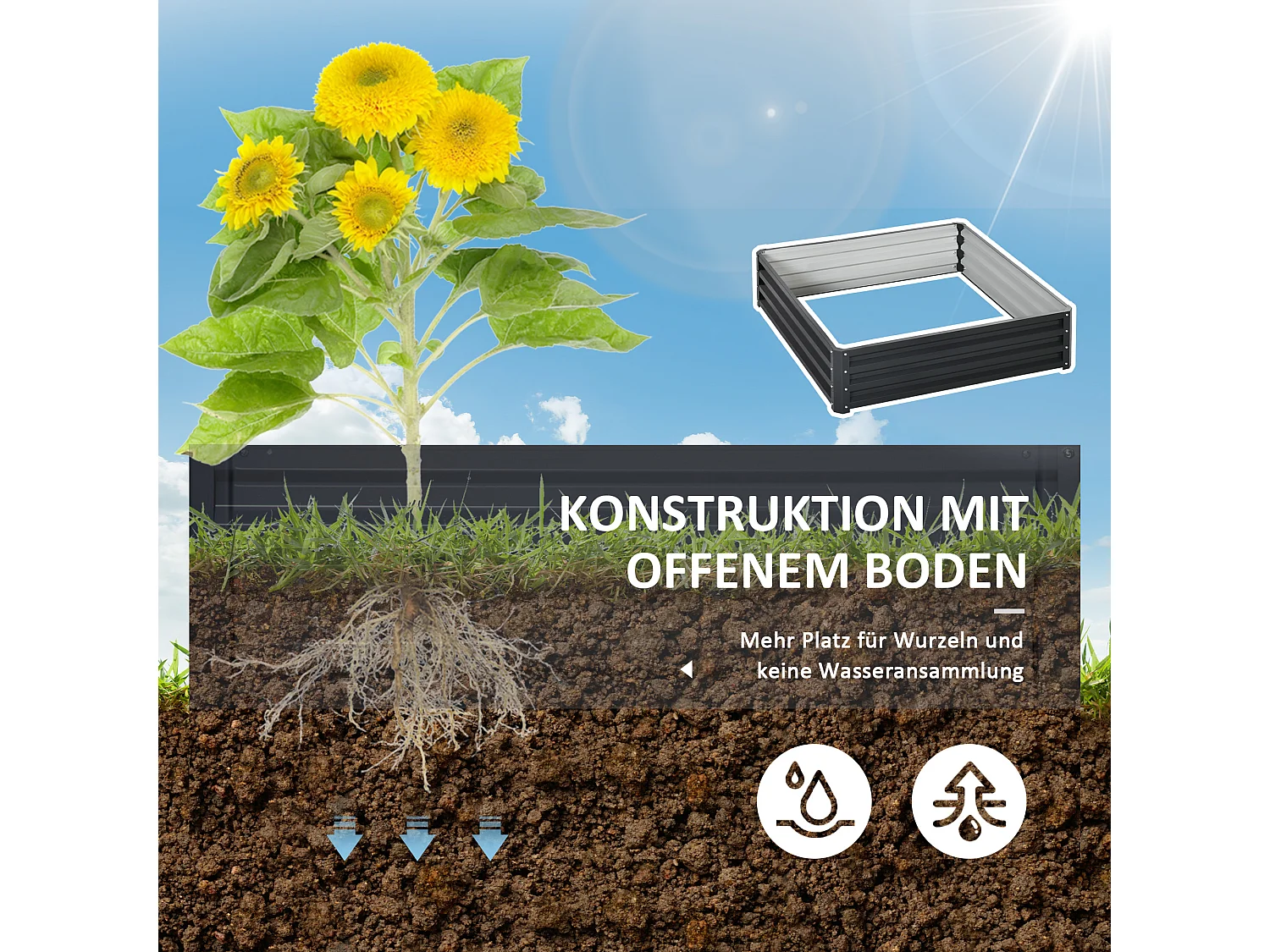 Metalen plantenbak, duurzaam, modern design, grijs (120x120x30 cm)