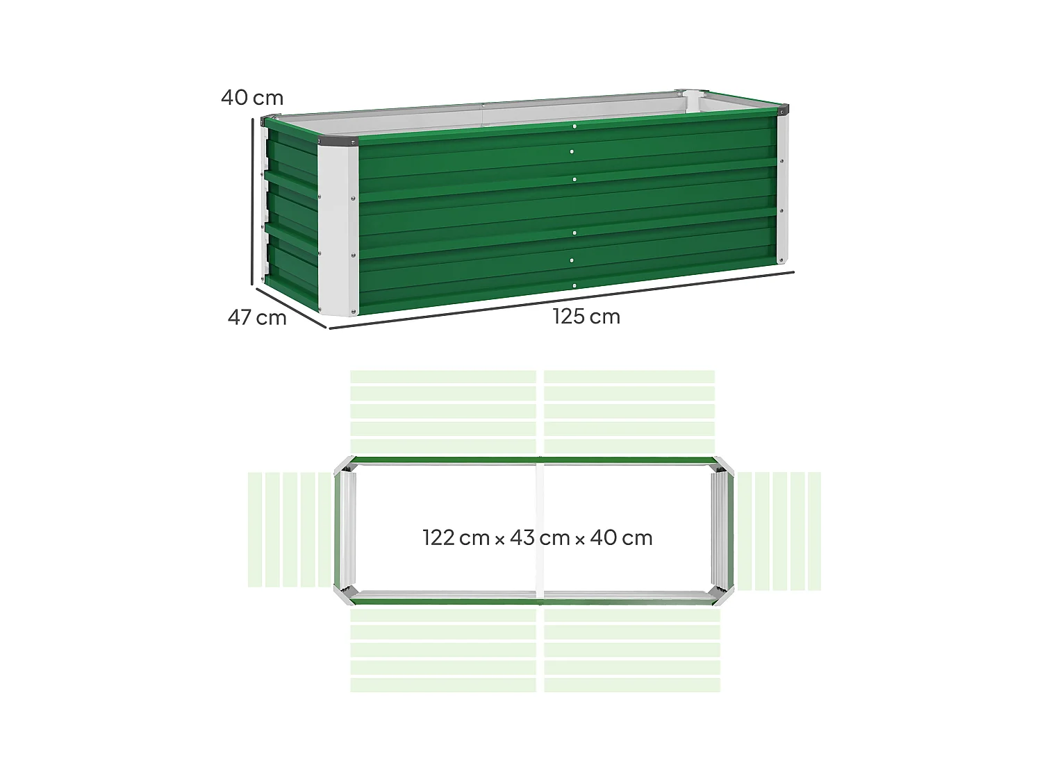 Jardinier surélevé en acier, avec gants, vert, pour légumes et fleurs (125x47x40 cm)