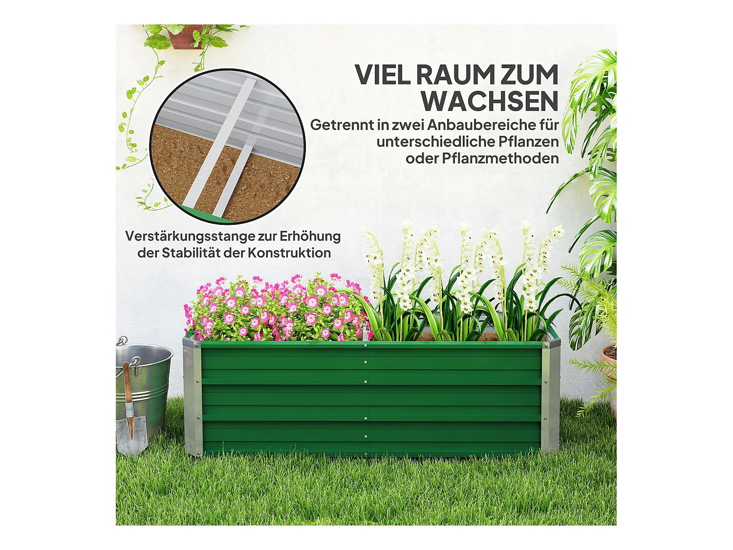 Jardinier surélevé en acier, avec gants, vert, pour légumes et fleurs (125x47x40 cm)