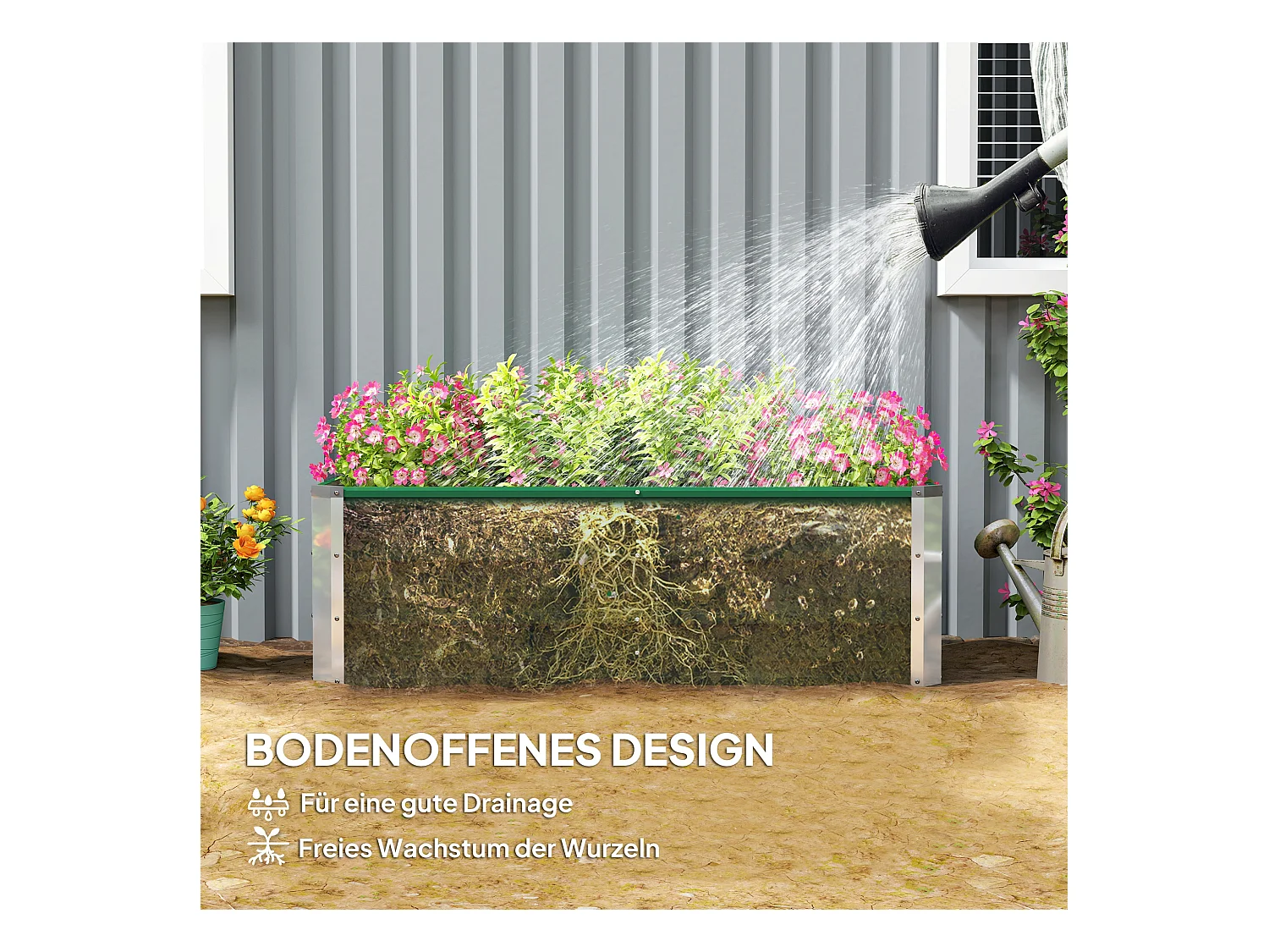 Jardinier surélevé en acier, avec gants, vert, pour légumes et fleurs (125x47x40 cm)