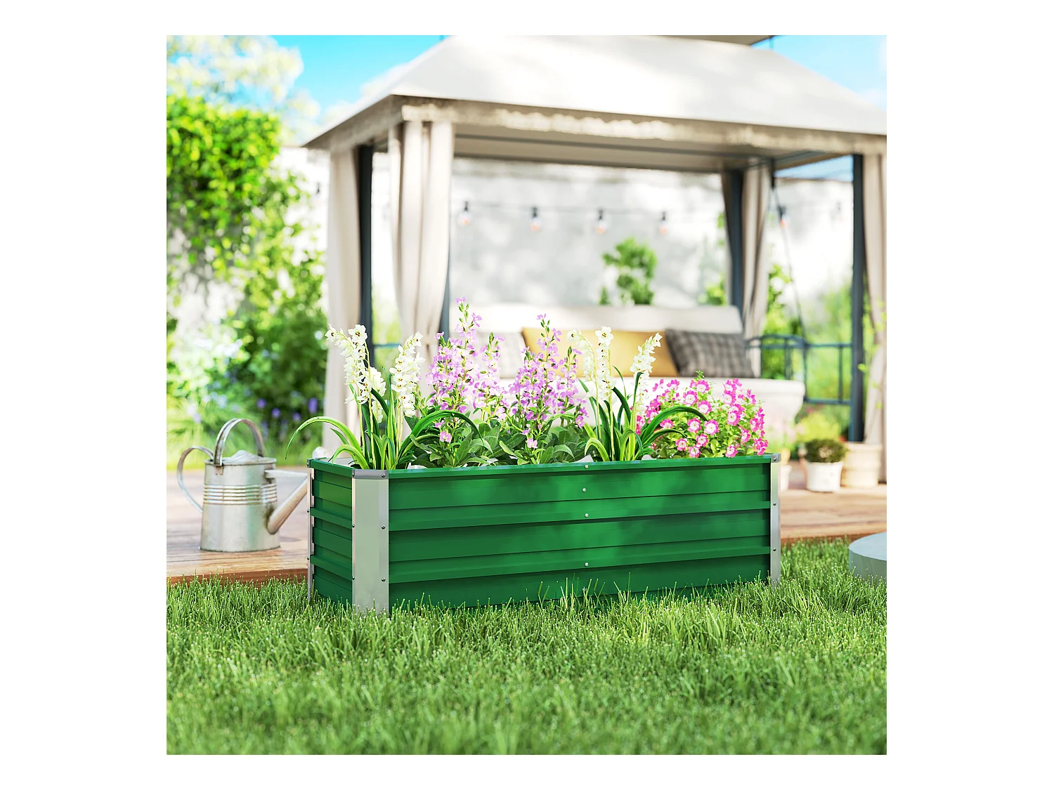 Jardinier surélevé en acier, avec gants, vert, pour légumes et fleurs (125x47x40 cm)