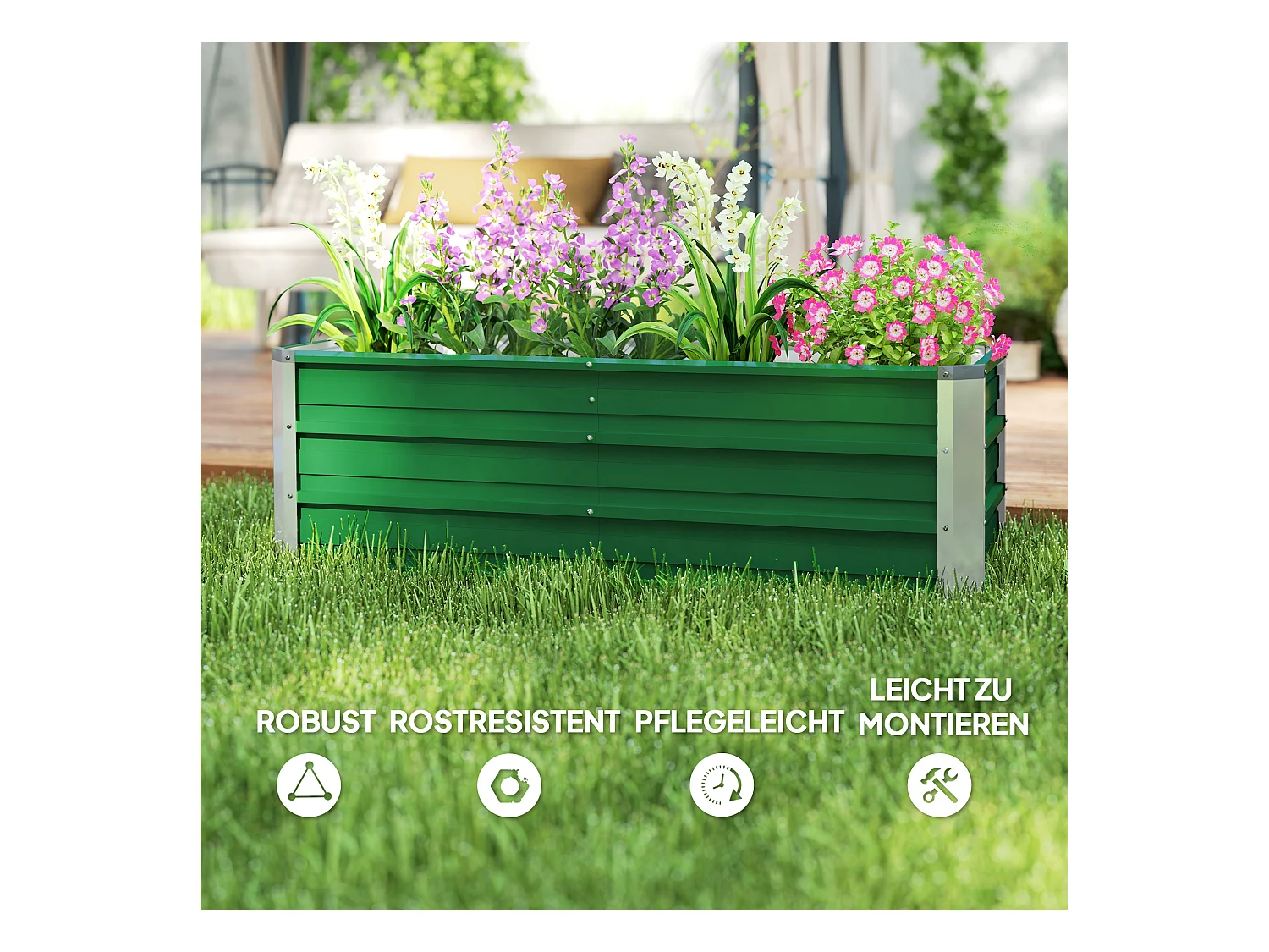 Jardinier surélevé en acier, avec gants, vert, pour légumes et fleurs (125x47x40 cm)