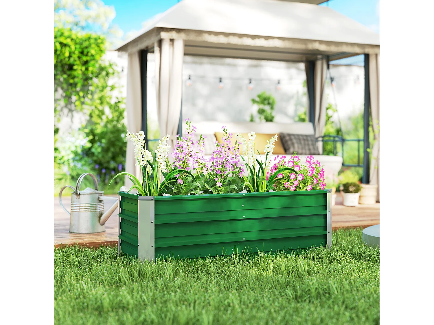 Jardinier surélevé en acier, avec gants, vert, pour légumes et fleurs (125x47x40 cm)