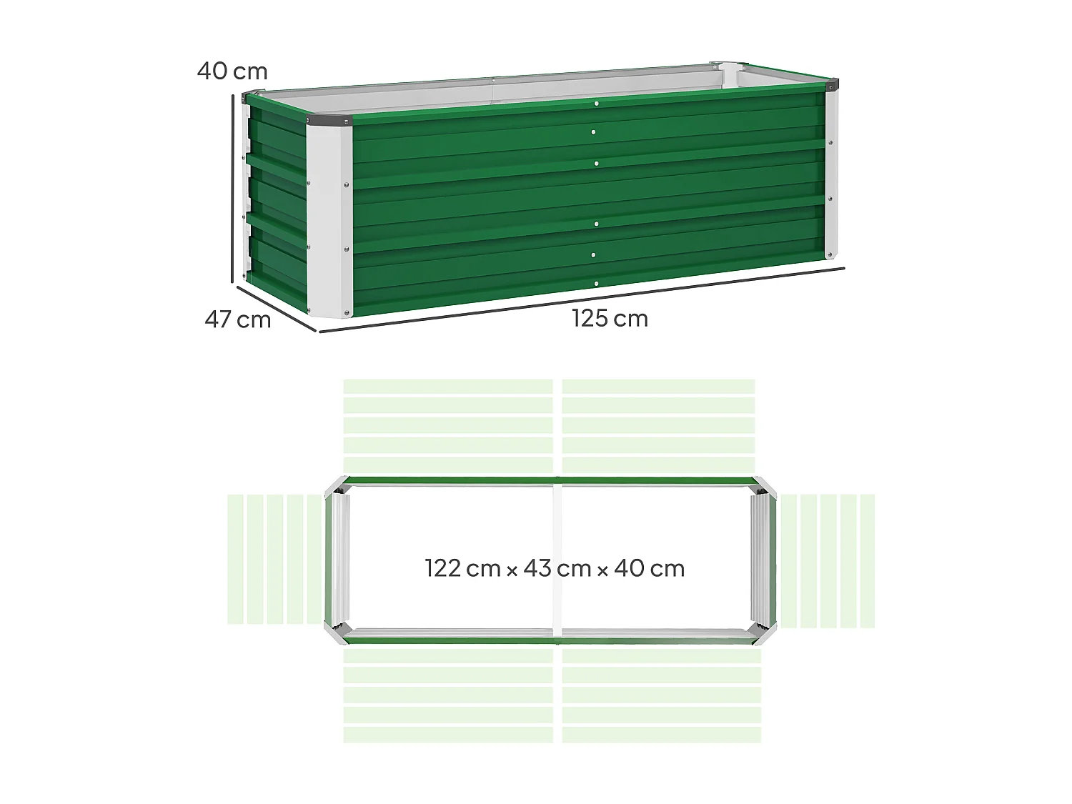Jardinier surélevé en acier, avec gants, vert, pour légumes et fleurs (125x47x40 cm)