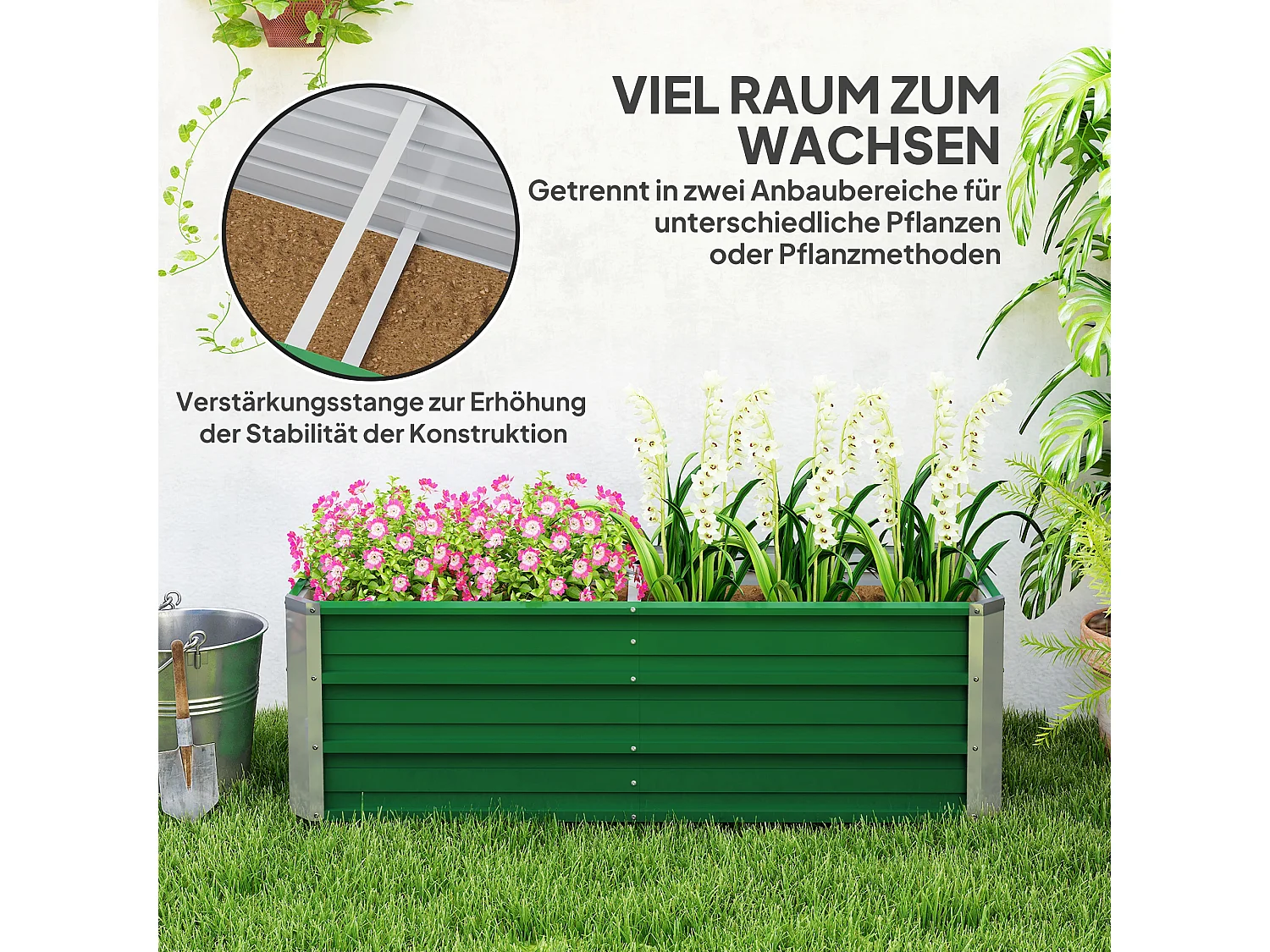 Jardinier surélevé en acier, avec gants, vert, pour légumes et fleurs (125x47x40 cm)