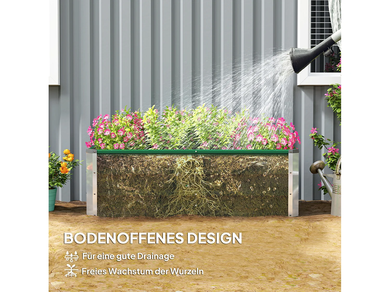 Jardinier surélevé en acier, avec gants, vert, pour légumes et fleurs (125x47x40 cm)