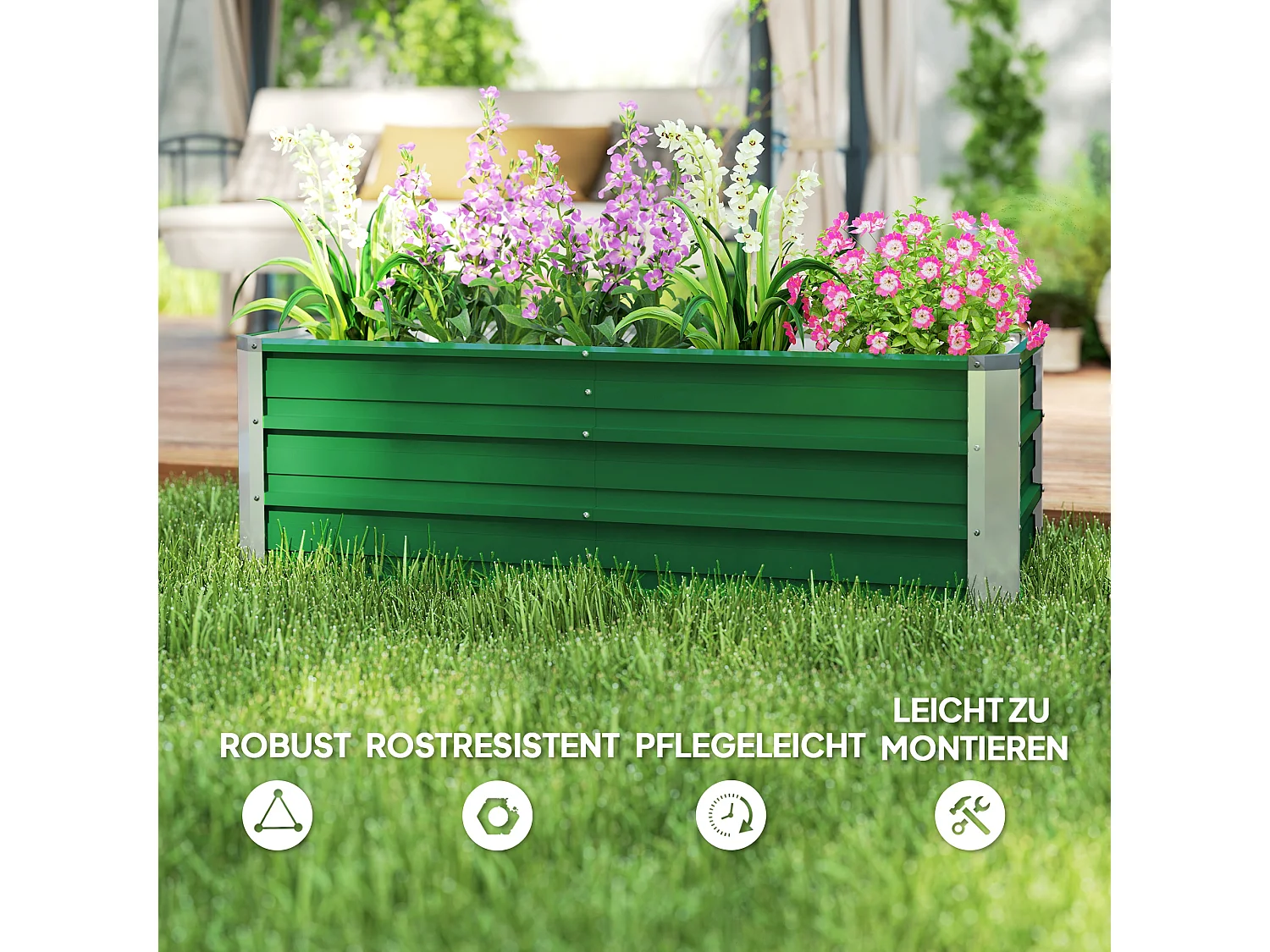 Jardinier surélevé en acier, avec gants, vert, pour légumes et fleurs (125x47x40 cm)