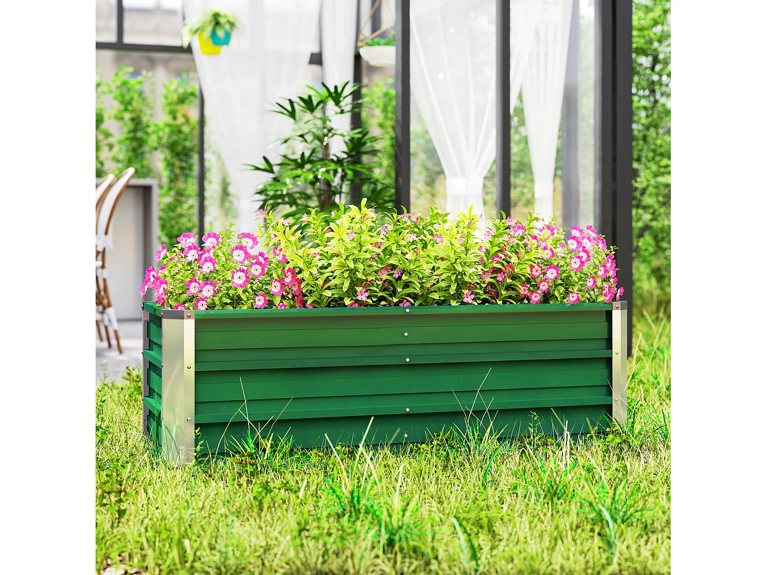 Jardinier surélevé en acier, avec gants, vert, pour légumes et fleurs (125x47x40 cm)