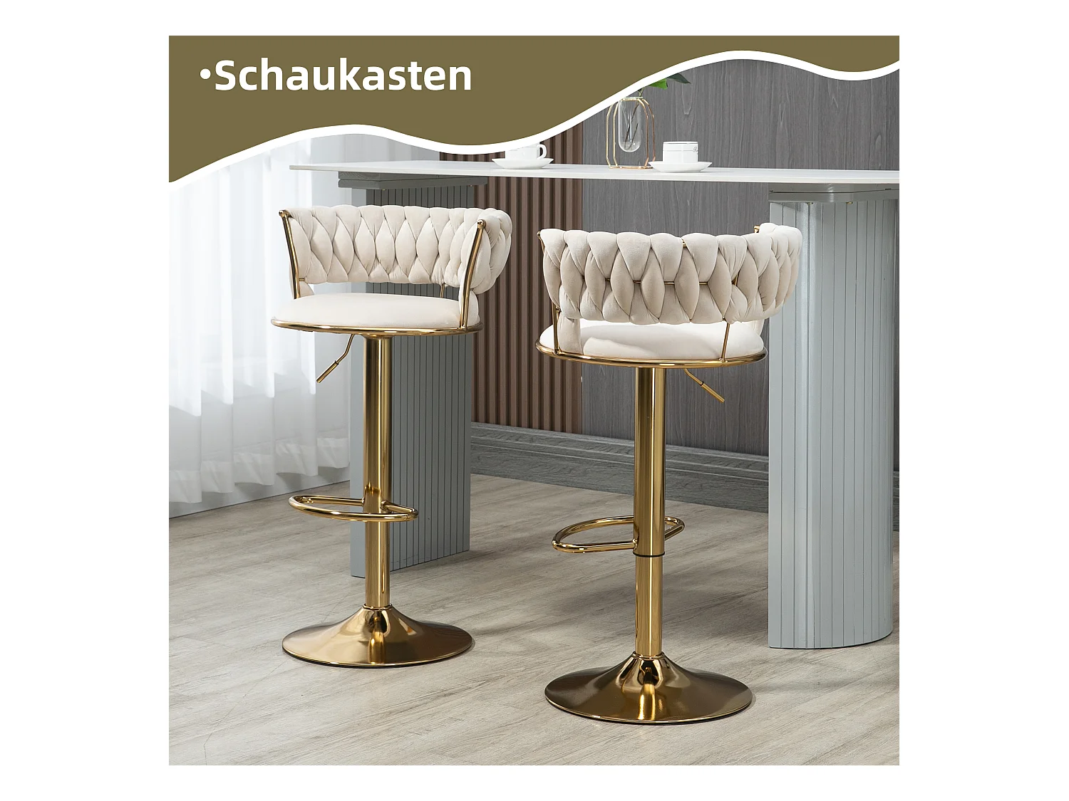 Tabouret de bar pivotant 360°, dossier fait main, hauteur réglable, velours, ivoire, (54x46x78.5-97 cm)