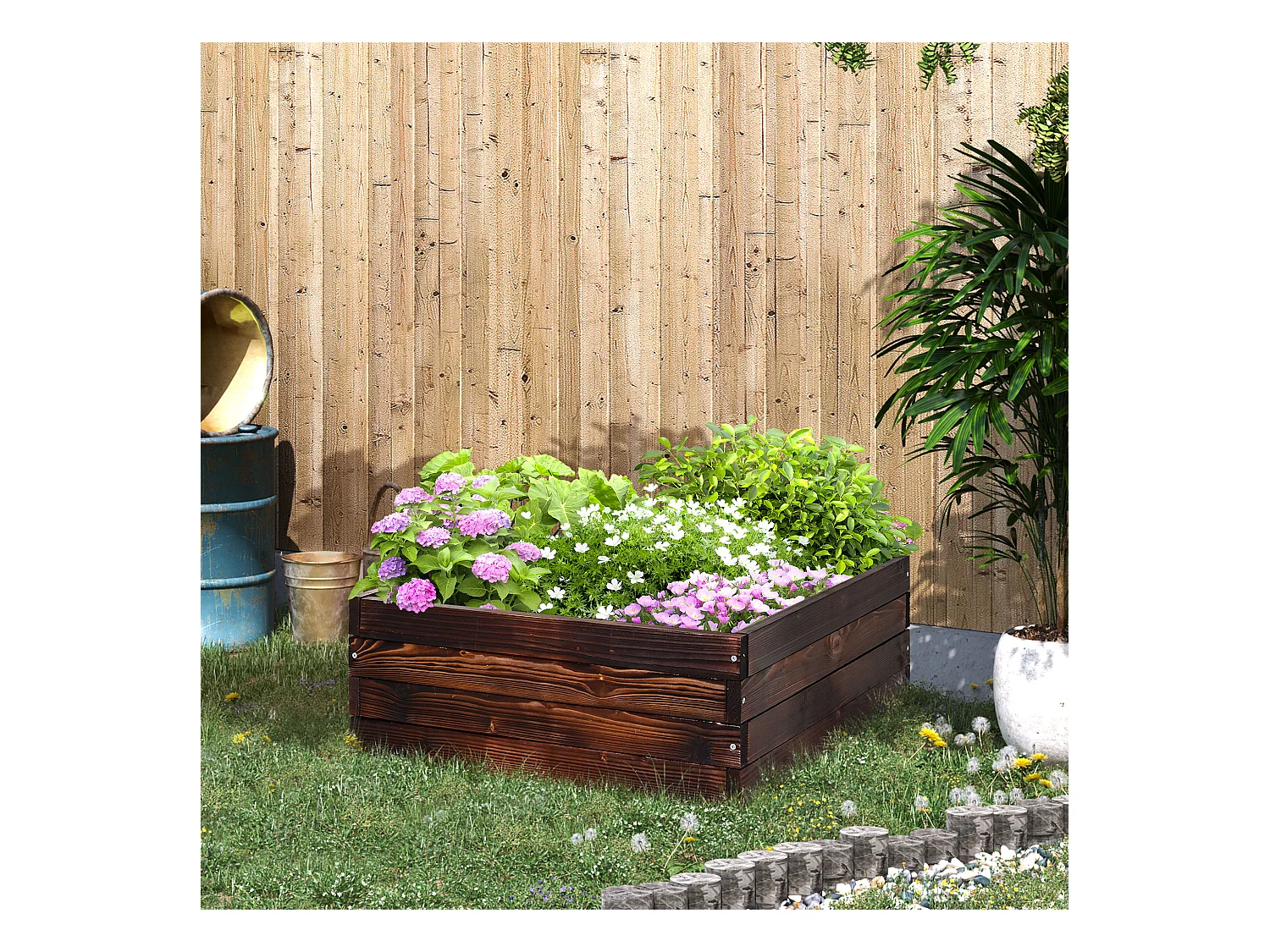 Hochbeet Pflanzkasten, Gemüsebeet, Kräuterbeet, Massivholz, Dunkelbraun (60x60x23 cm)