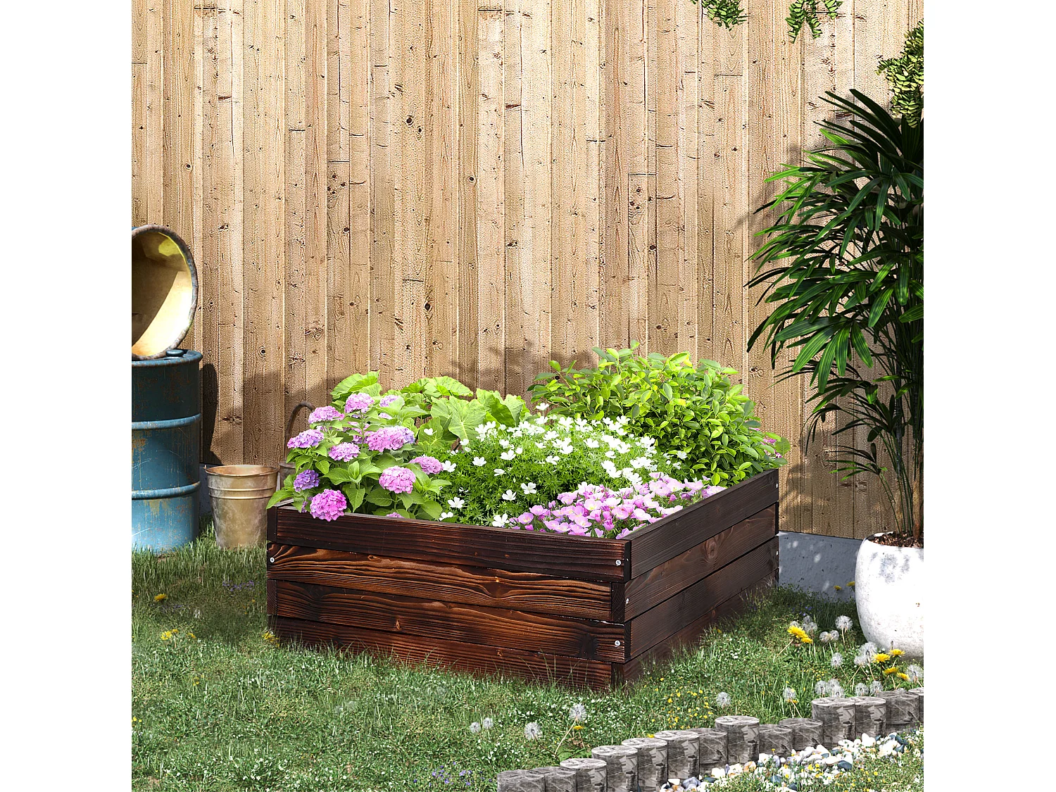 Hochbeet Pflanzkasten, Gemüsebeet, Kräuterbeet, Massivholz, Dunkelbraun (60x60x23 cm)