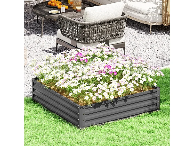 Bac à plantes avec fond ouvert, en acier, résistant aux intempéries, pour jardin et balcon, gris clair (120x120x30 cm)