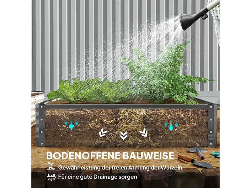 Bac à plantes avec fond ouvert, en acier, résistant aux intempéries, pour jardin et balcon, gris clair (120x120x30 cm)