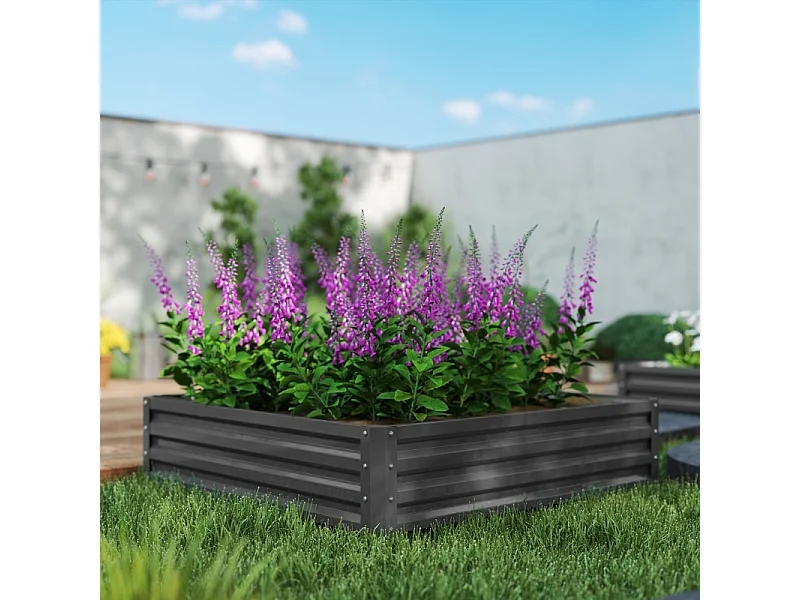 Bac à plantes avec fond ouvert, en acier, résistant aux intempéries, pour jardin et balcon, gris clair (120x120x30 cm)