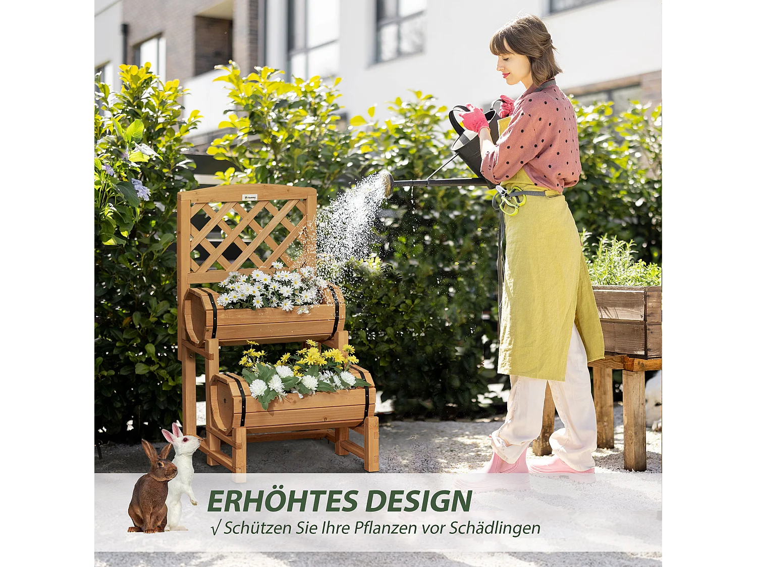 Jardin surélevé en bois avec treillis, design rustique, pour légumes et plantes grimpantes, jaune (45x45x80 cm)