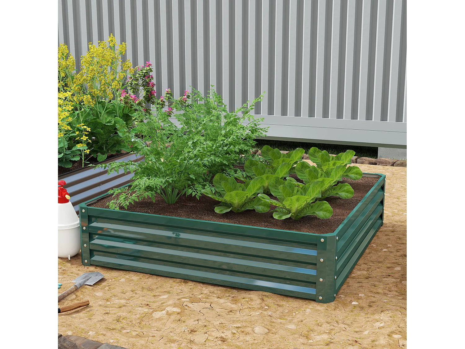Verhoogde stalen bloembak, moestuin, voor terras en balkon, groen (120x120x30 cm)