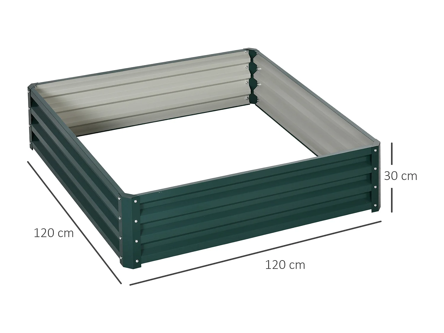 Verhoogde stalen bloembak, moestuin, voor terras en balkon, groen (120x120x30 cm)