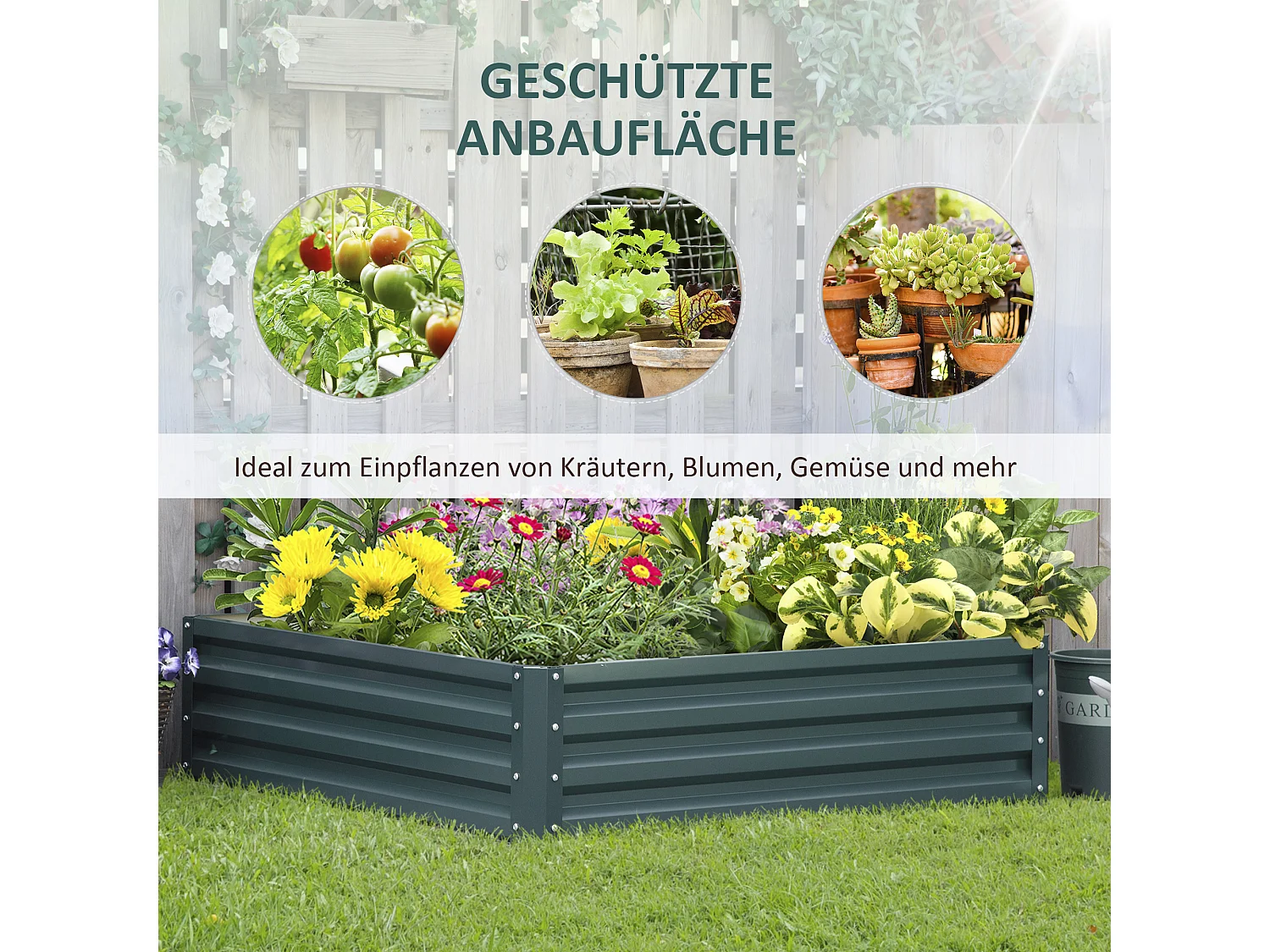 Verhoogde stalen bloembak, moestuin, voor terras en balkon, groen (120x120x30 cm)