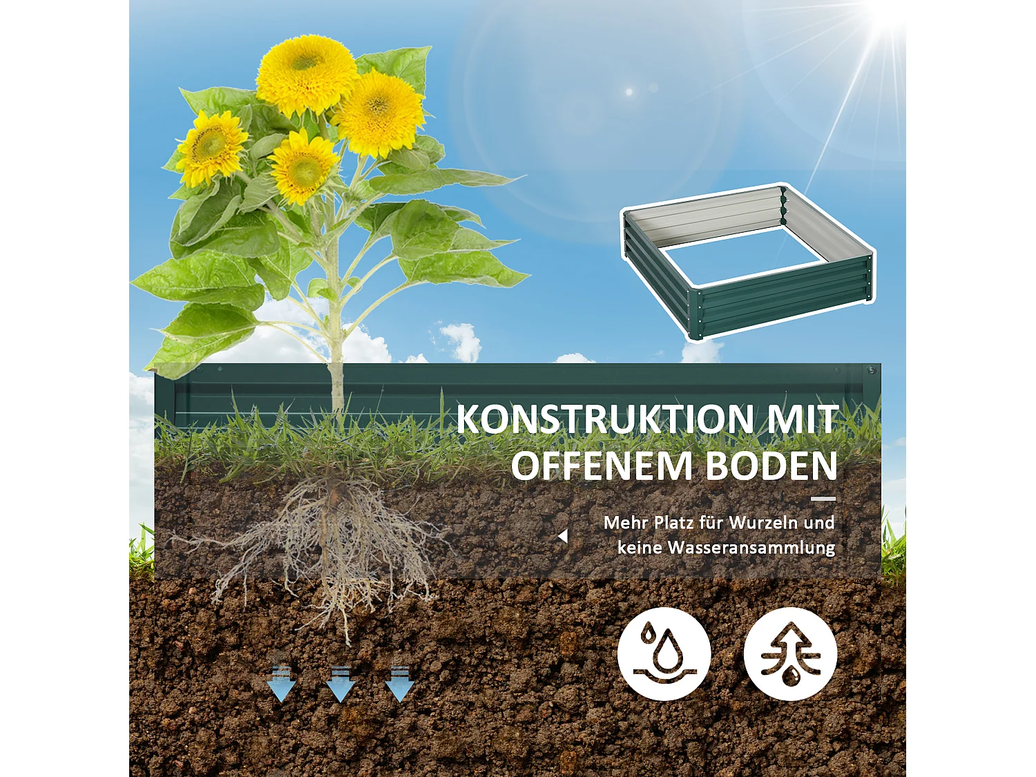 Verhoogde stalen bloembak, moestuin, voor terras en balkon, groen (120x120x30 cm)