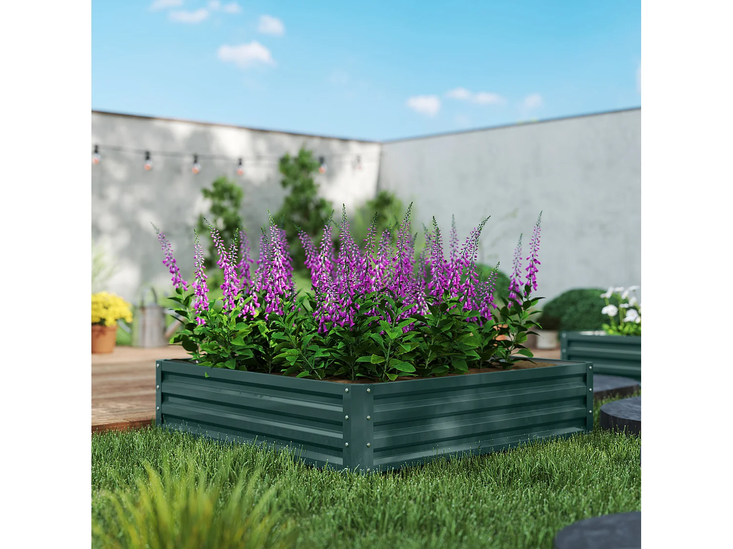 Verhoogde stalen bloembak, moestuin, voor terras en balkon, groen (120x120x30 cm)