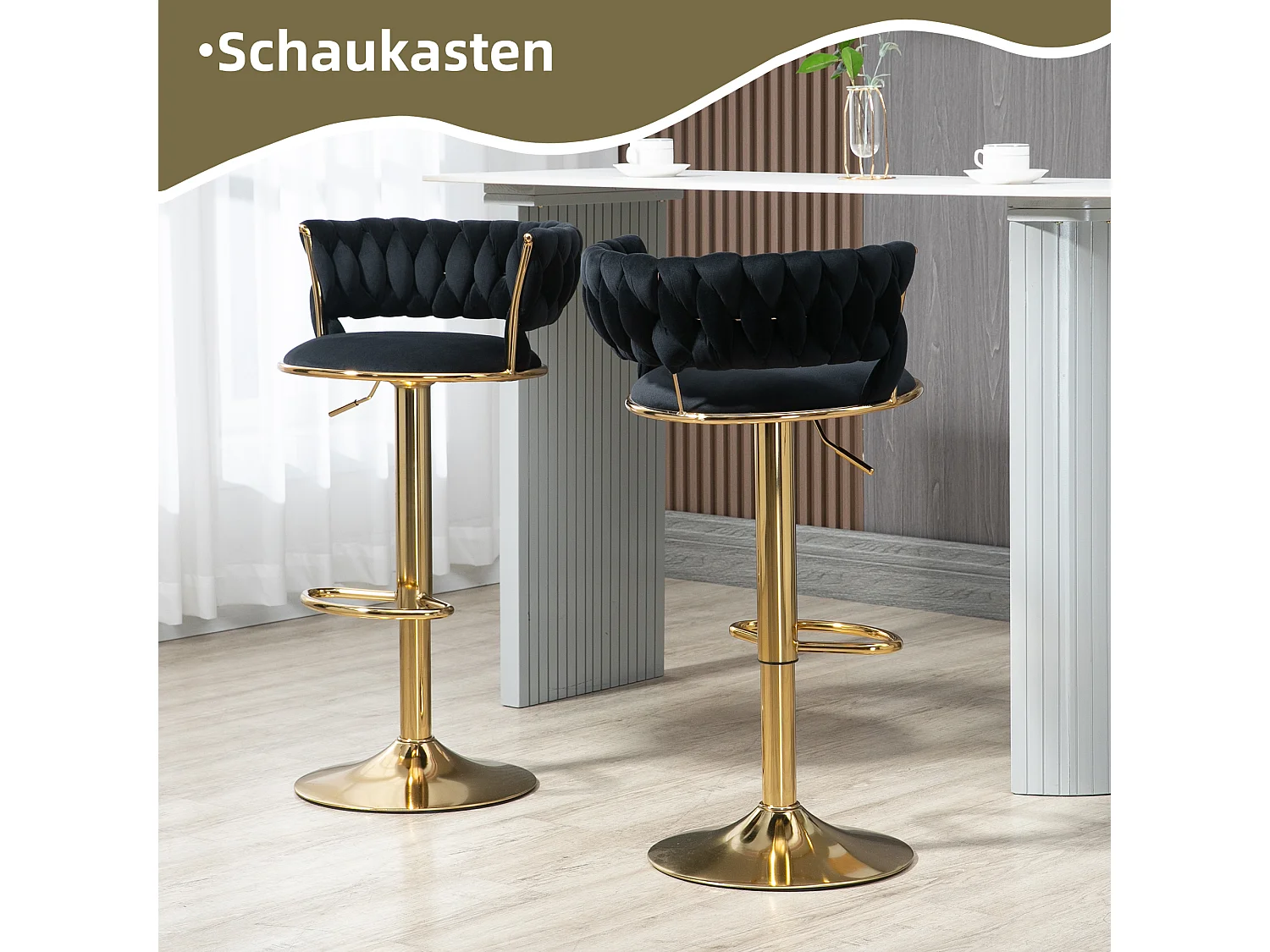 Tabouret de bar pivotant 360° avec dossier, hauteur réglable, velours, noir, (54x46x78.5-97 cm)