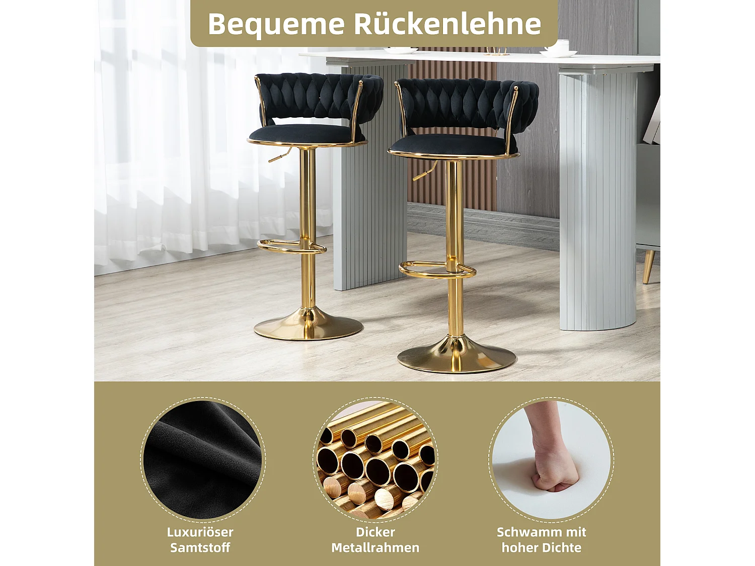 Tabouret de bar pivotant 360° avec dossier, hauteur réglable, velours, noir, (54x46x78.5-97 cm)