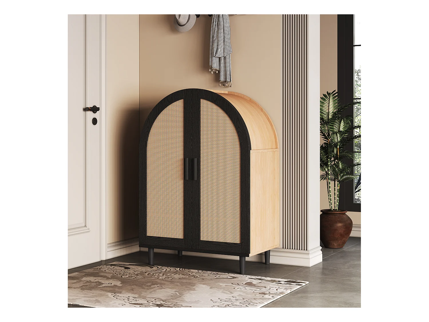 Buffet élégant avec portes en rotin, trois étagères, bois et noir, MDF (70x40x100 cm)