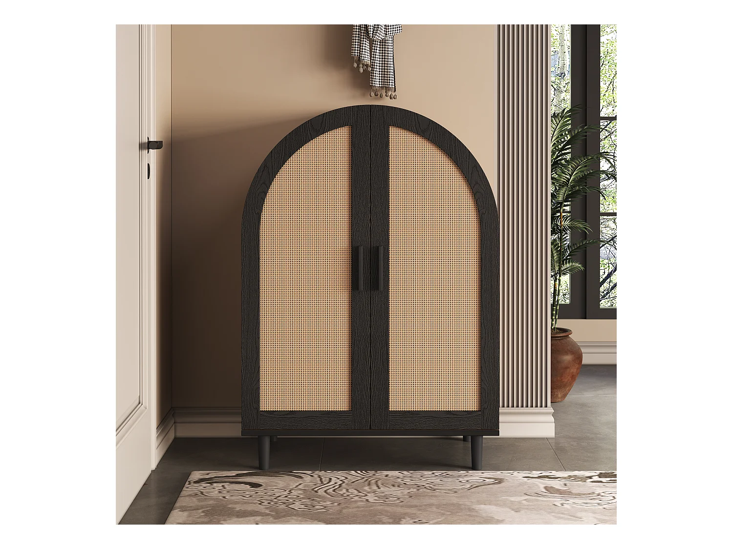 Buffet élégant avec portes en rotin, trois étagères, bois et noir, MDF (70x40x100 cm)