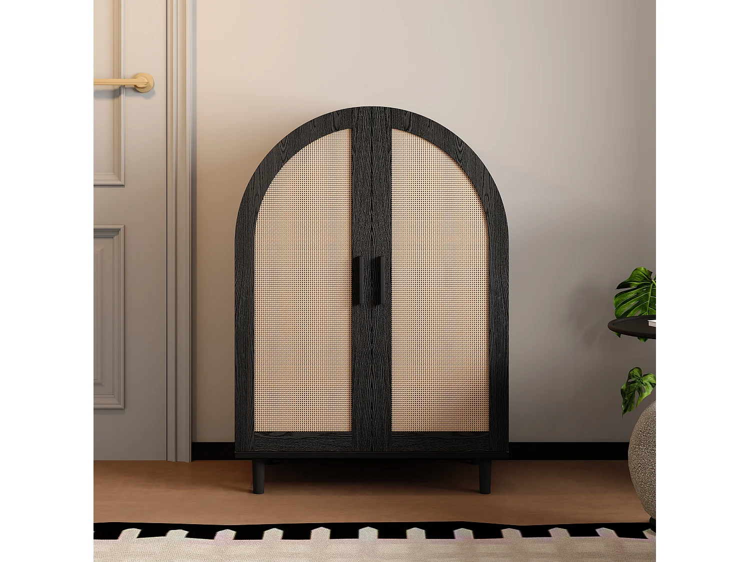 Buffet élégant avec portes en rotin, trois étagères, bois et noir, MDF (70x40x100 cm)