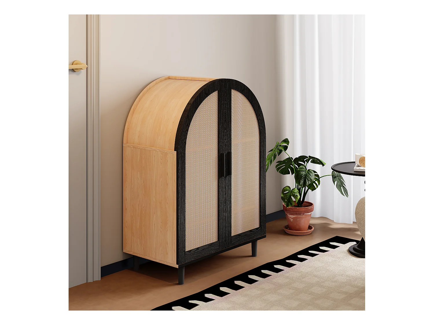 Buffet élégant avec portes en rotin, trois étagères, bois et noir, MDF (70x40x100 cm)