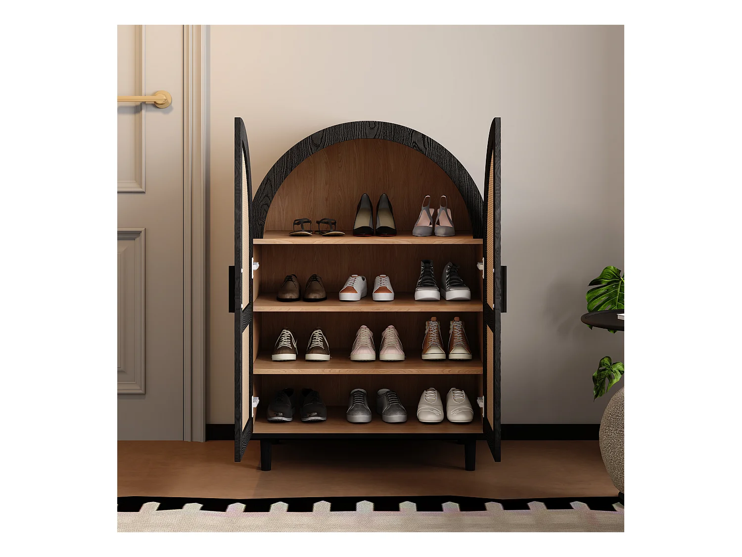 Buffet élégant avec portes en rotin, trois étagères, bois et noir, MDF (70x40x100 cm)