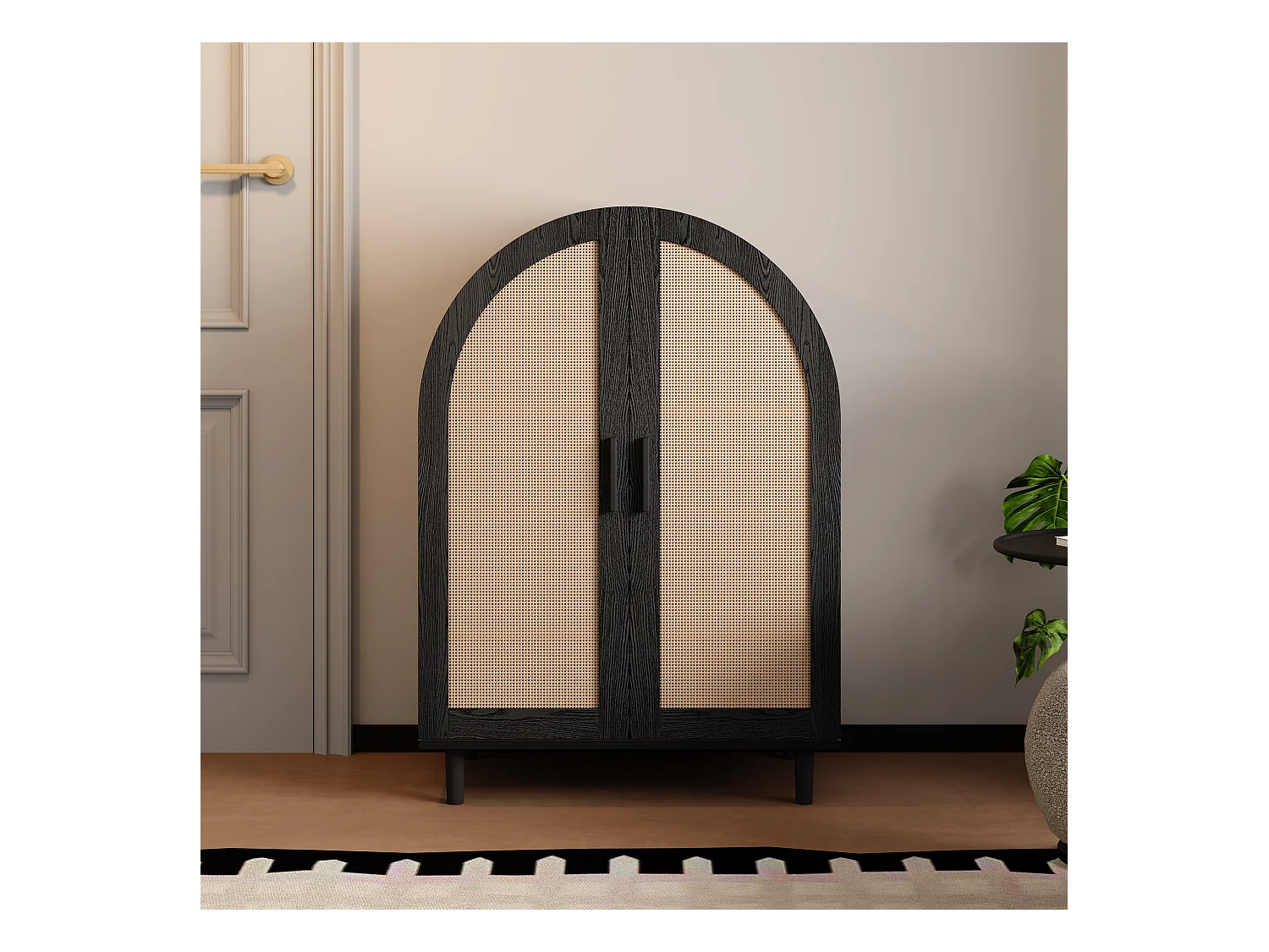 Buffet élégant avec portes en rotin, trois étagères, bois et noir, MDF (70x40x100 cm)