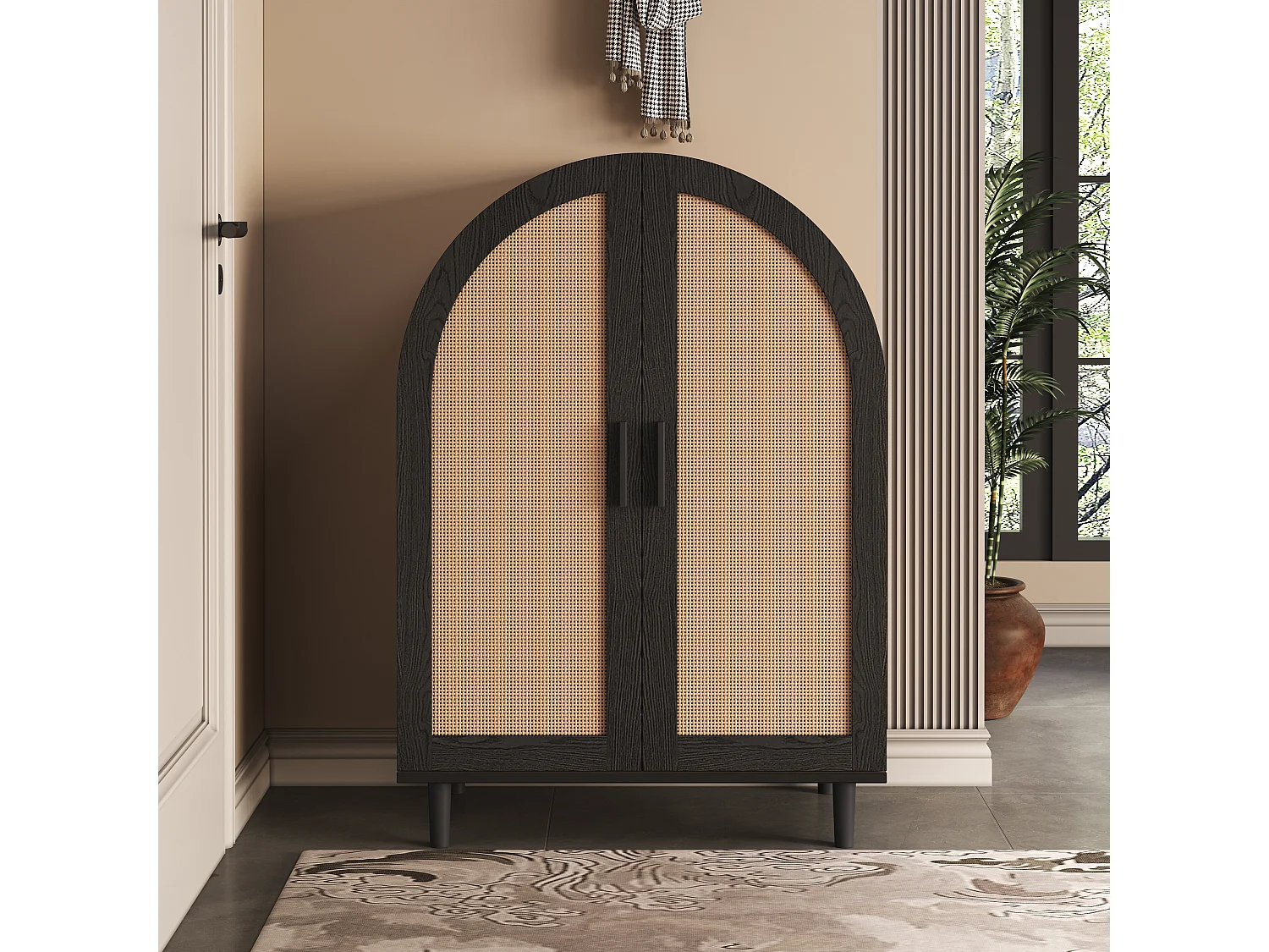 Buffet élégant avec portes en rotin, trois étagères, bois et noir, MDF (70x40x100 cm)