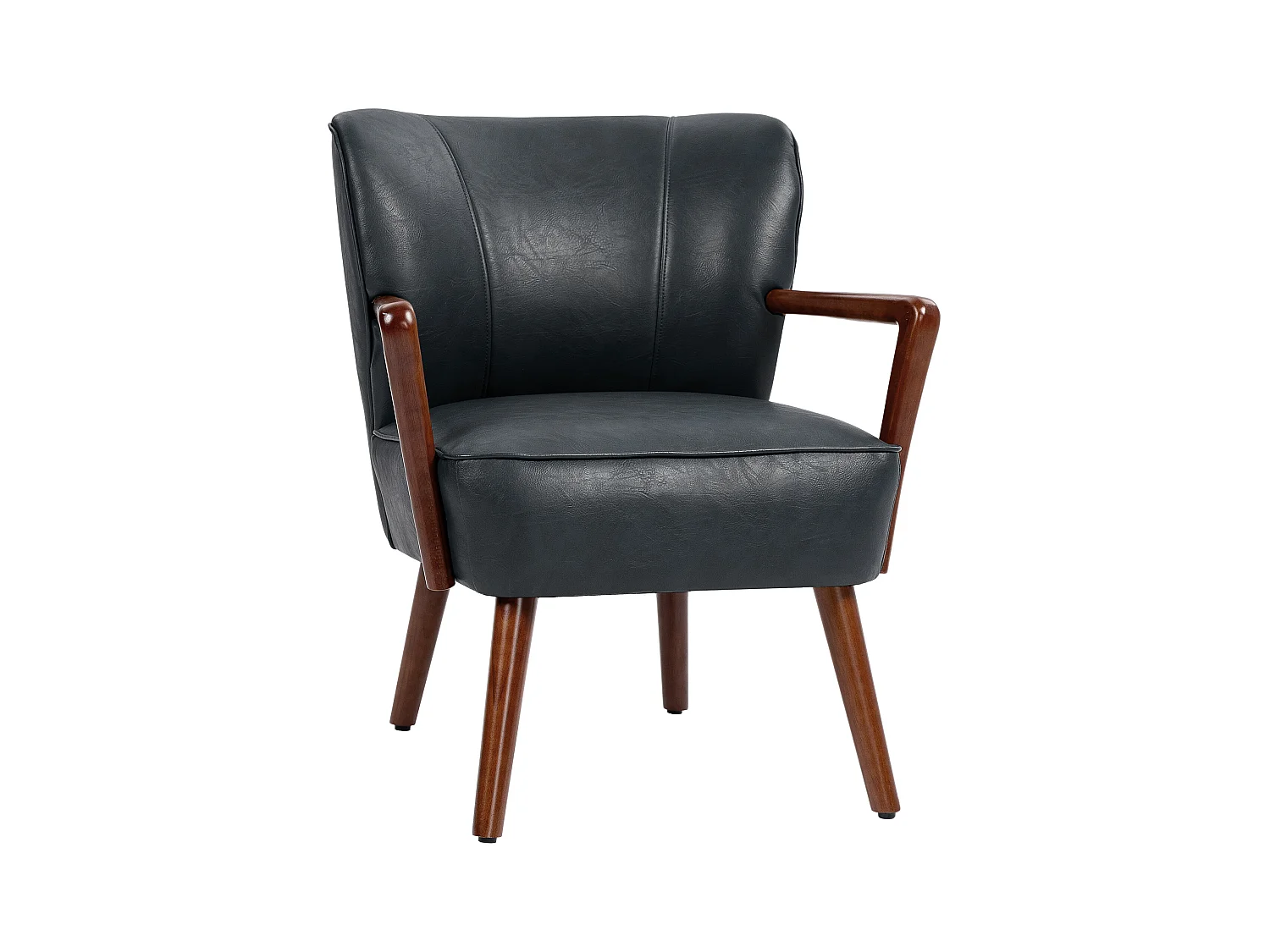 Fauteuil lounge avec accoudoirs, rembourré, pieds en bois, simili cuir noir (67x77x80cm)