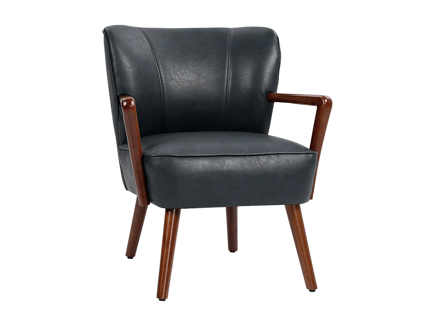 Fauteuil lounge avec accoudoirs, rembourré, pieds en bois, simili cuir noir (67x77x80cm)