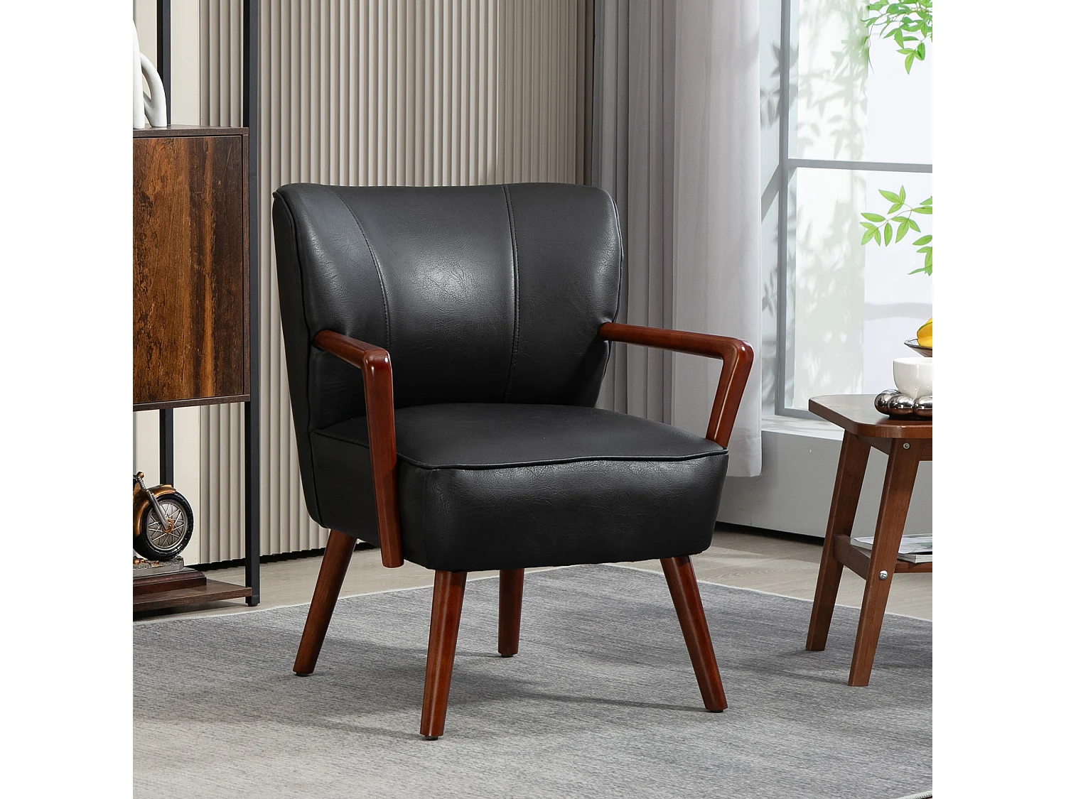 Fauteuil lounge avec accoudoirs, rembourré, pieds en bois, simili cuir noir (67x77x80cm)