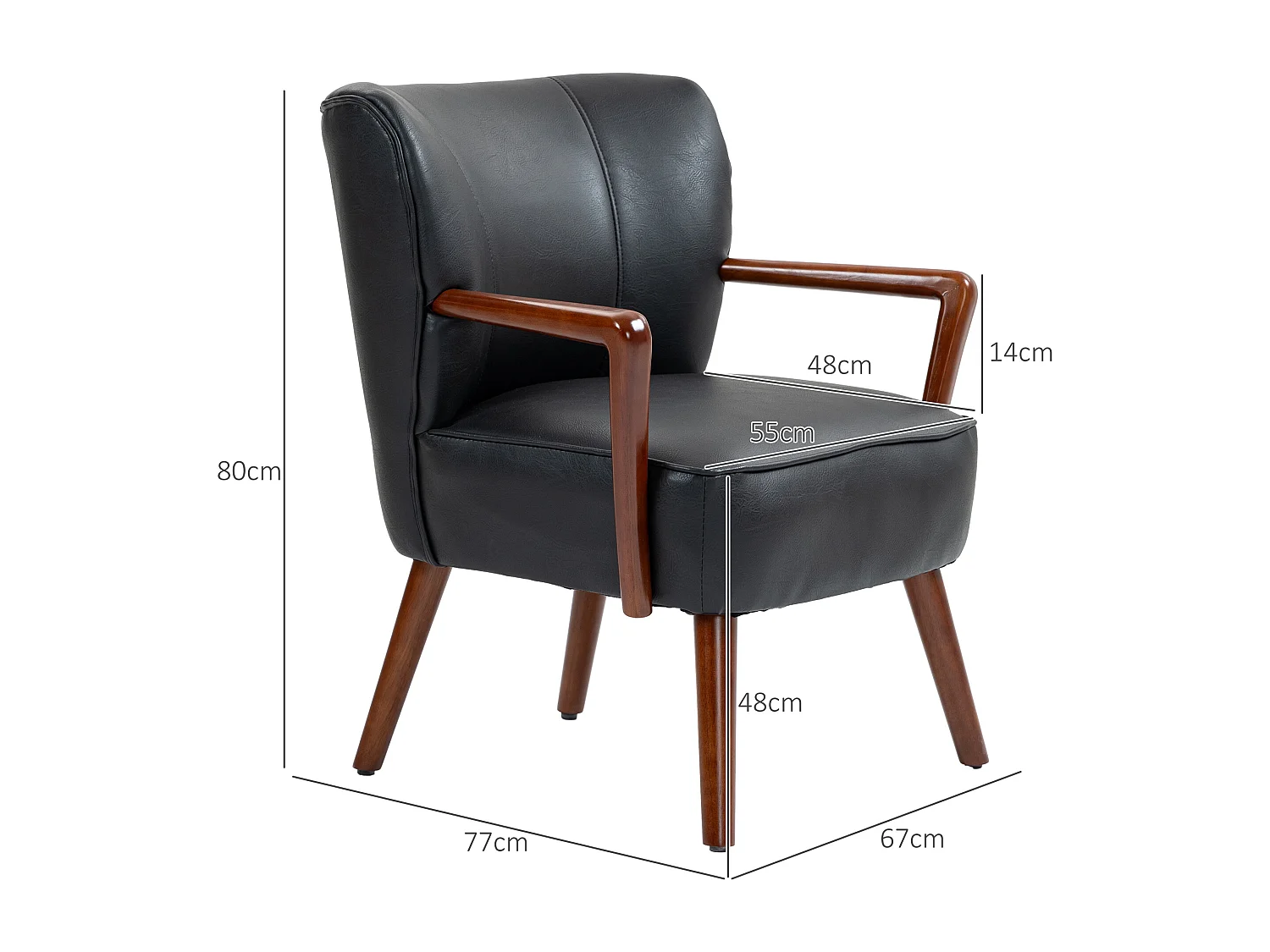 Fauteuil lounge avec accoudoirs, rembourré, pieds en bois, simili cuir noir (67x77x80cm)