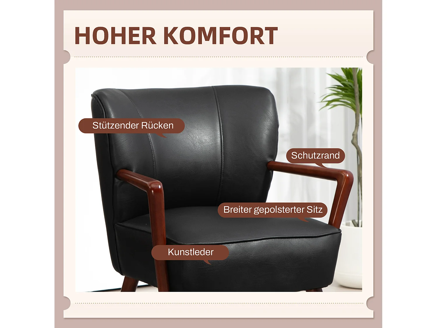 Fauteuil lounge avec accoudoirs, rembourré, pieds en bois, simili cuir noir (67x77x80cm)