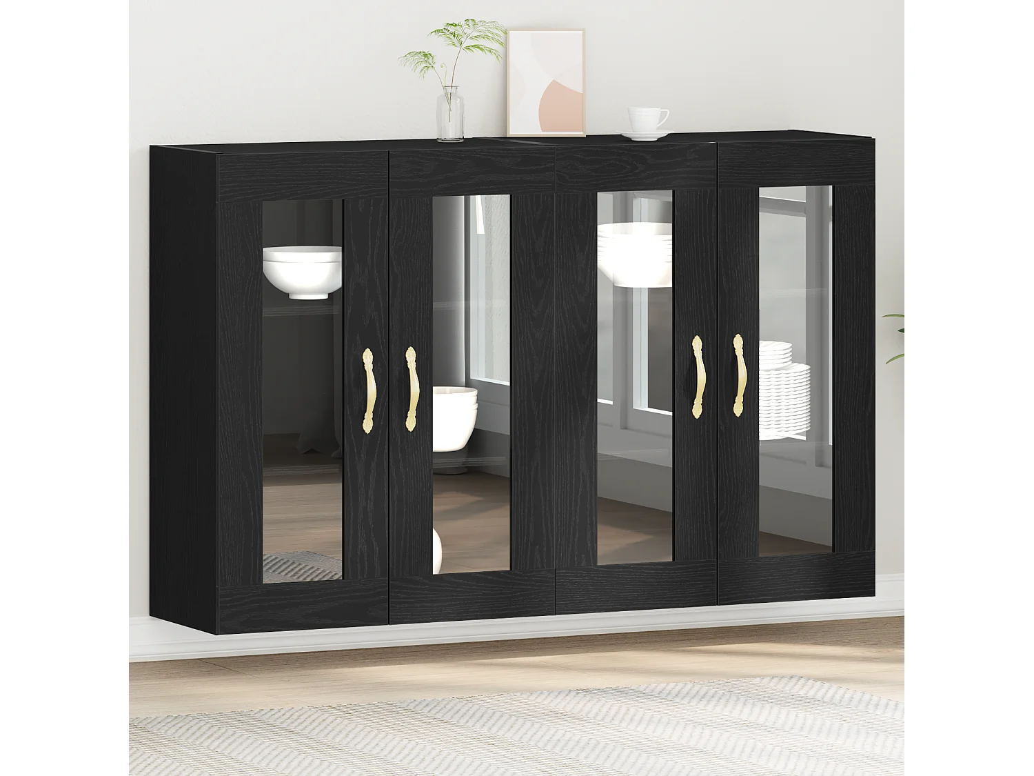 2-delige wandkasten in zwart eiken, 69,5 x 34 x 90 cm, van gereconstrueerd hout.