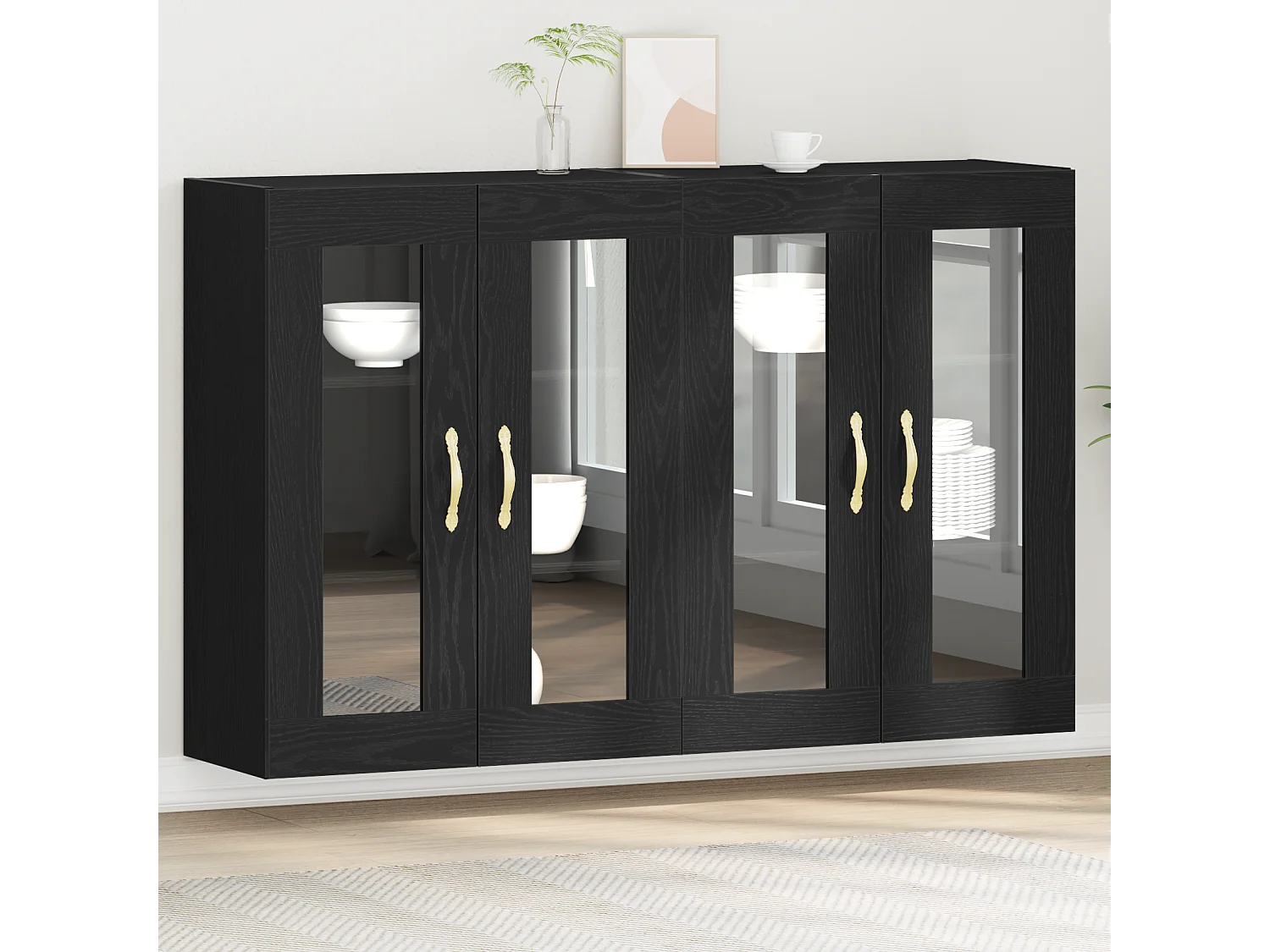 2-teilige Hängeschränke in Eiche schwarz, 69,5 x 34 x 90 cm in Holznachbildung.