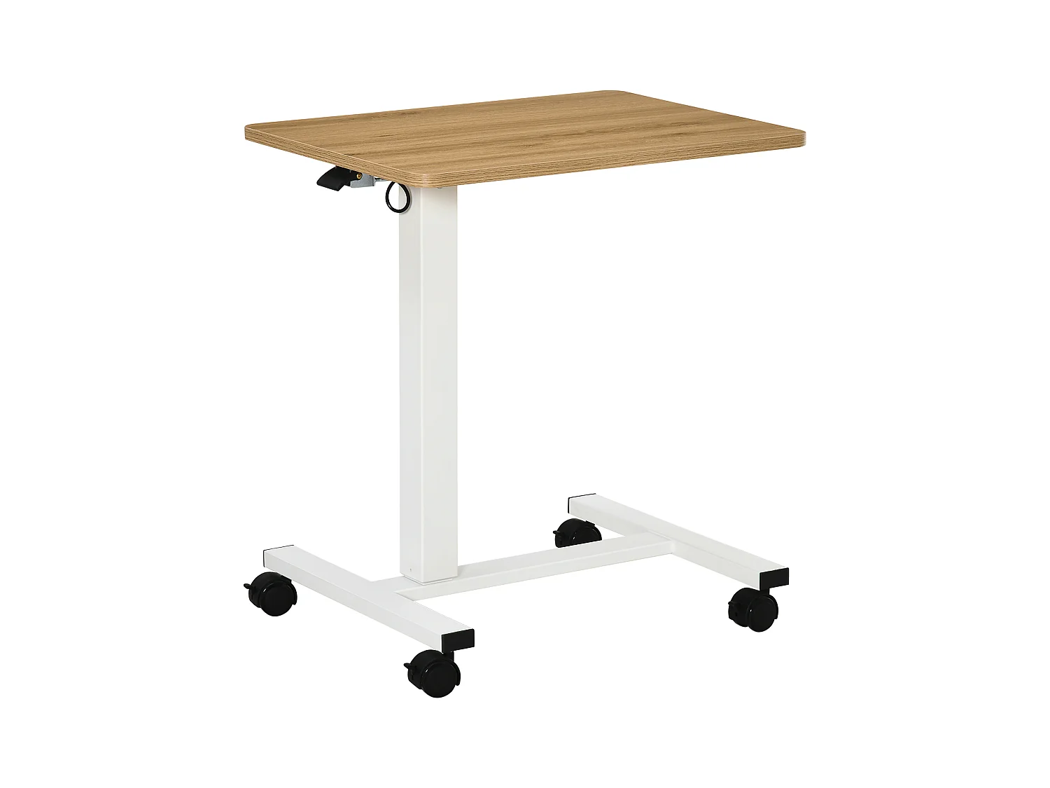 Bureau assis-debout avec roulettes, réglable en hauteur, acier, bois, blanc (70-110x48x65 cm)