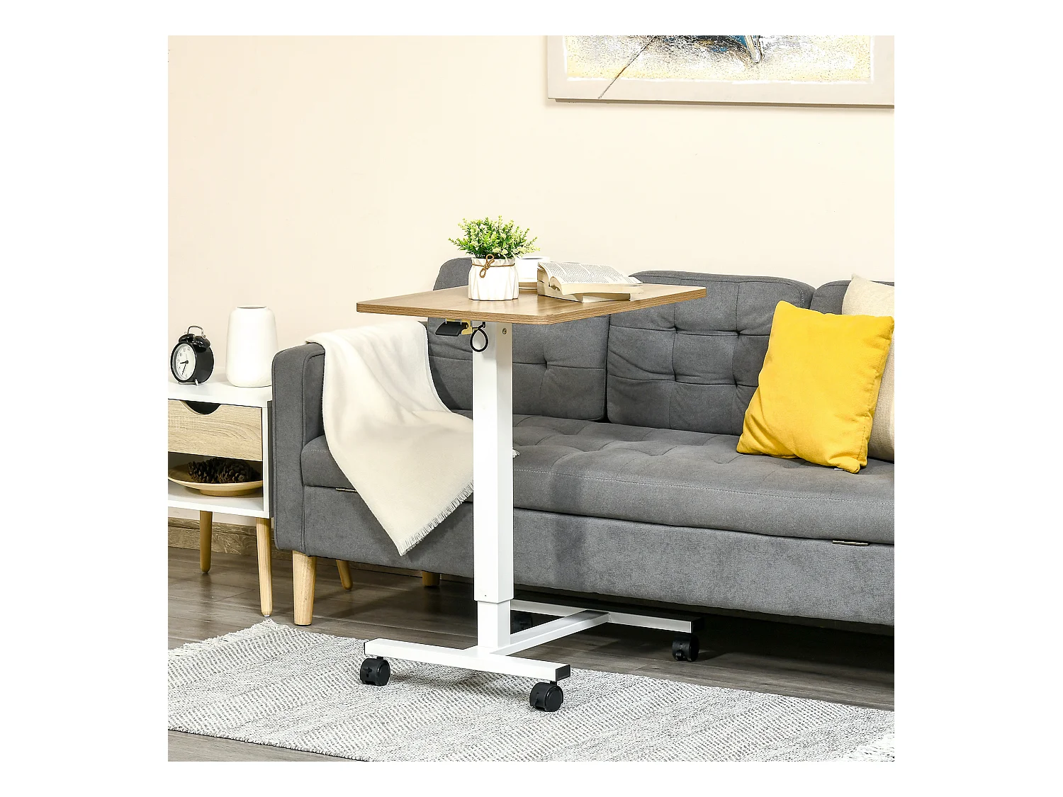 Bureau assis-debout avec roulettes, réglable en hauteur, acier, bois, blanc (70-110x48x65 cm)