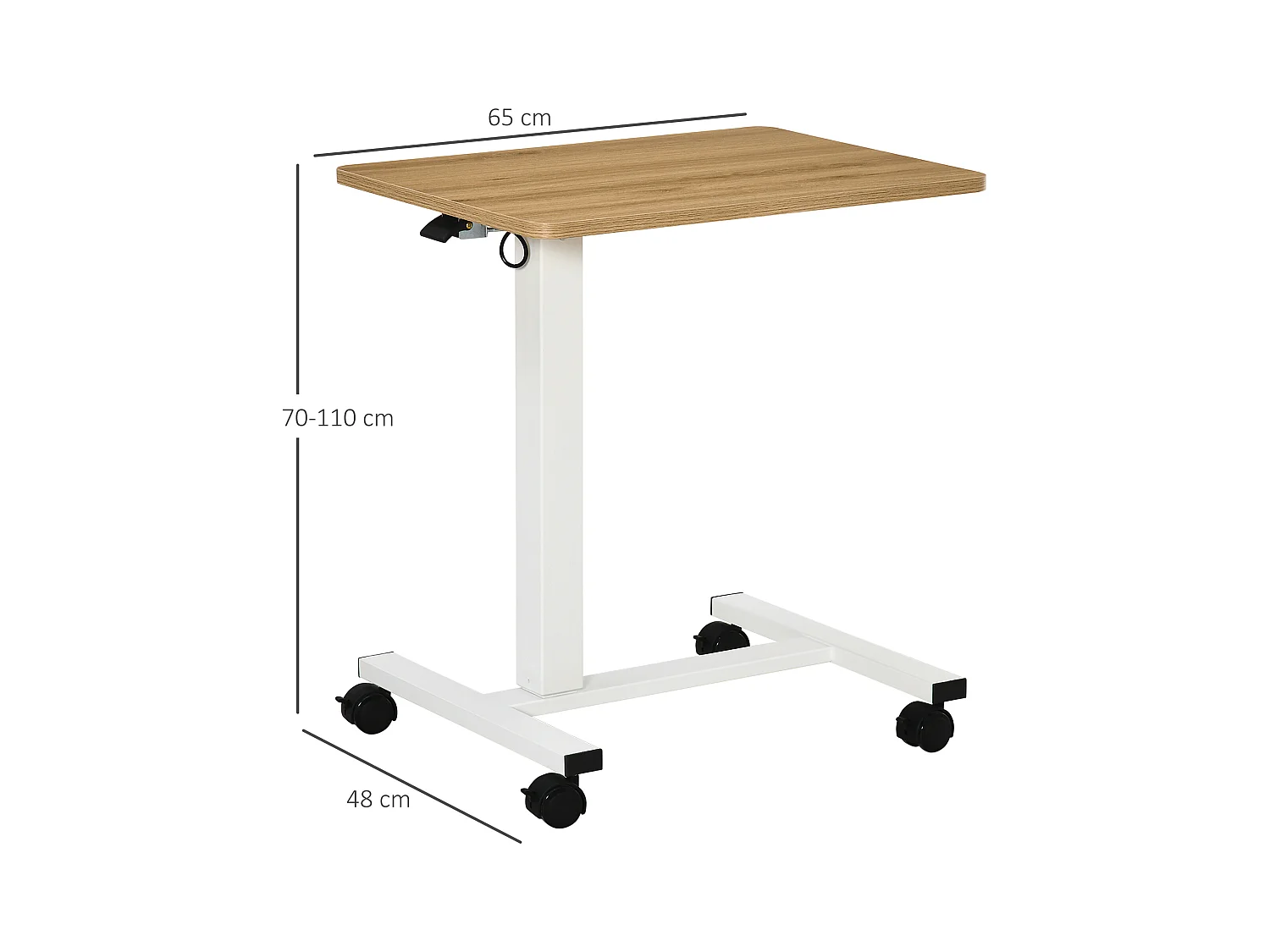 Bureau assis-debout avec roulettes, réglable en hauteur, acier, bois, blanc (70-110x48x65 cm)