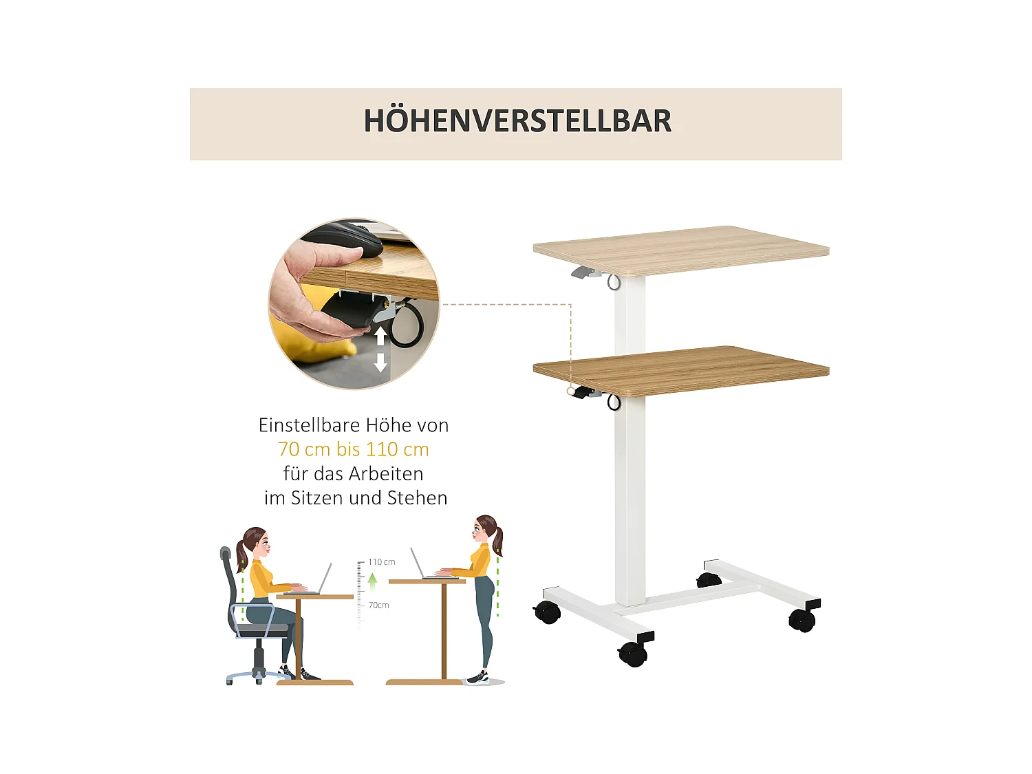 Bureau assis-debout avec roulettes, réglable en hauteur, acier, bois, blanc (70-110x48x65 cm)